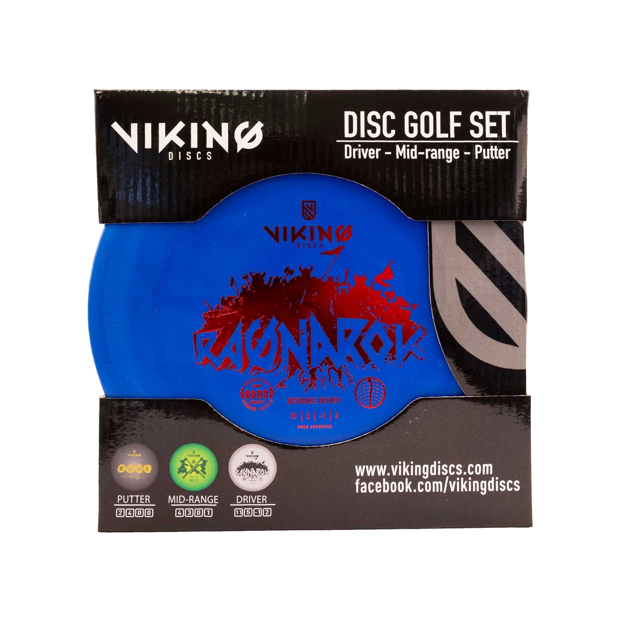 Ein blaues Viking Discs Set mit drei Scheiben, RAGNAROK-Design, auf schwarzem Hintergrund.