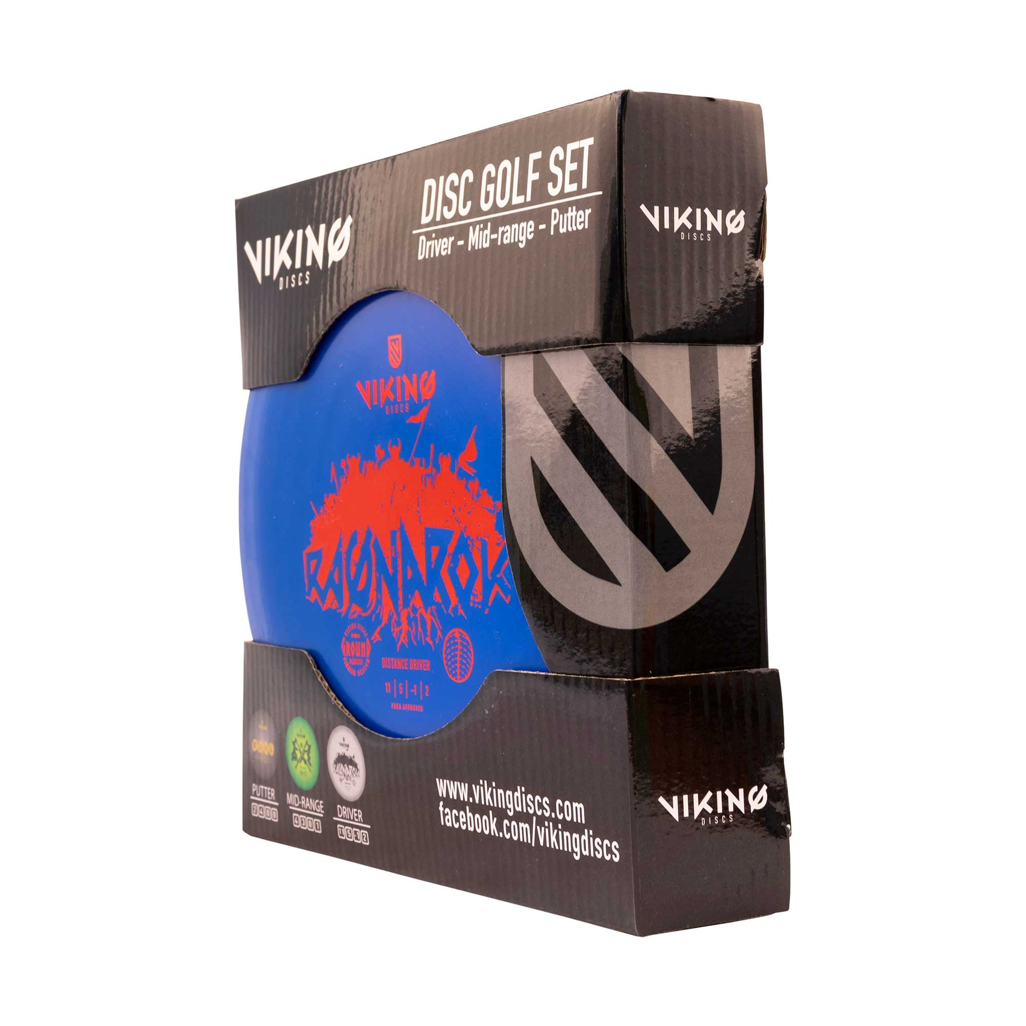 Ein blaues Viking Disc Golf Set mit Driver, Mid-Range und Putter.