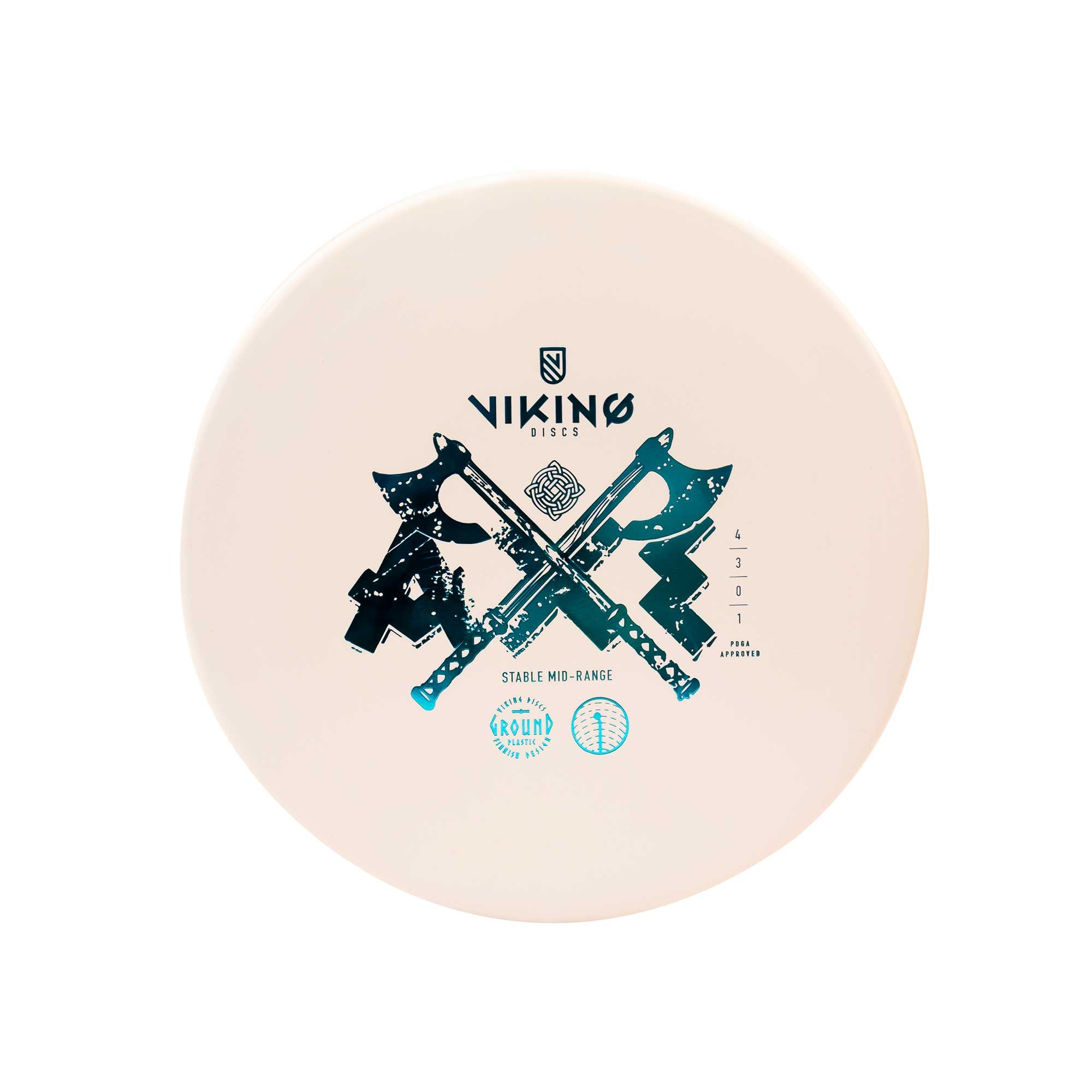 Ein weißer Frisbee mit blaugrünem Motiv aus zwei Äxten und Runen. Enthält Zahlen.