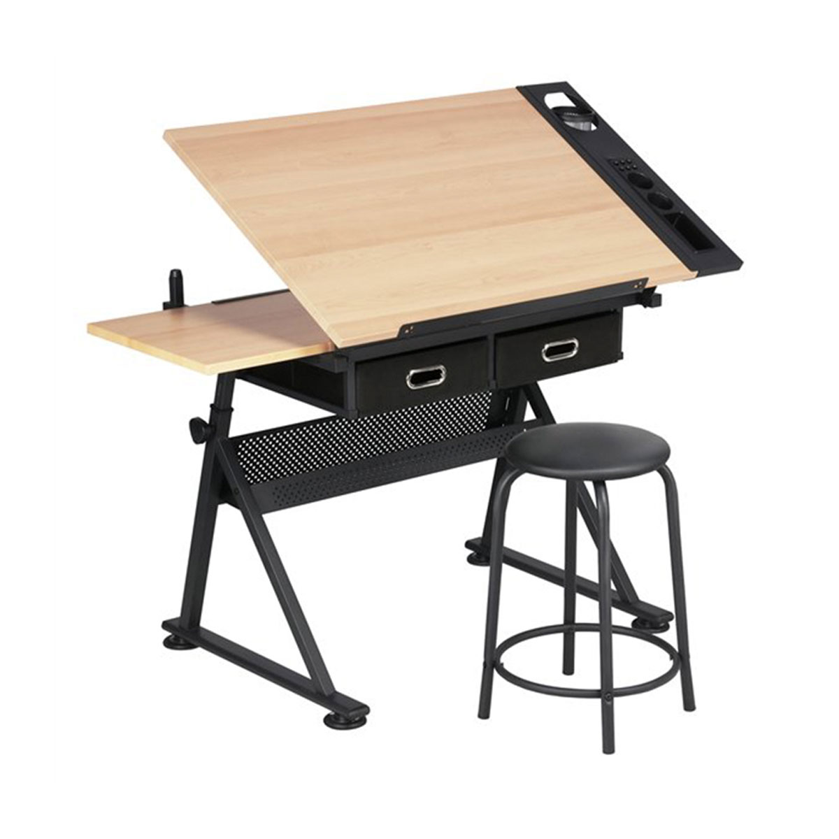 Ein schwenkbarer Zeichentisch aus Holz mit schwarzen Schubladen und einem Hocker.