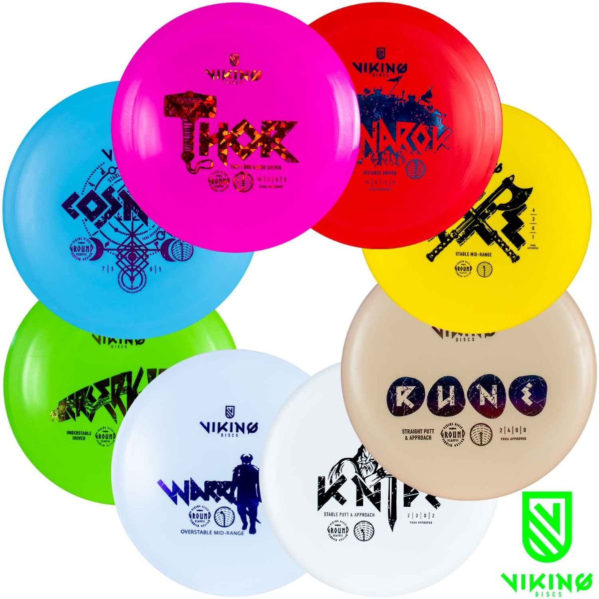 Mehrere bunte Frisbees liegen übereinander, mit Namen wie Thor, Narok und Rune.