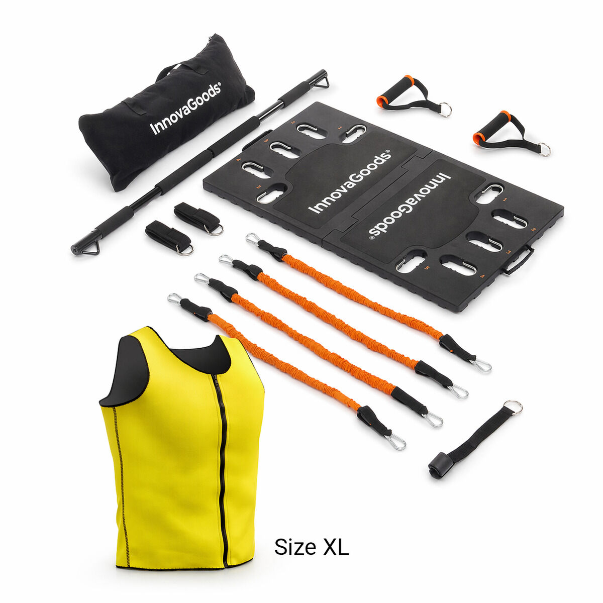 Fitnessgeräte: gelbe Weste, schwarze Basis, orange Widerstandsbänder, Griffe, Stange, Tasche.