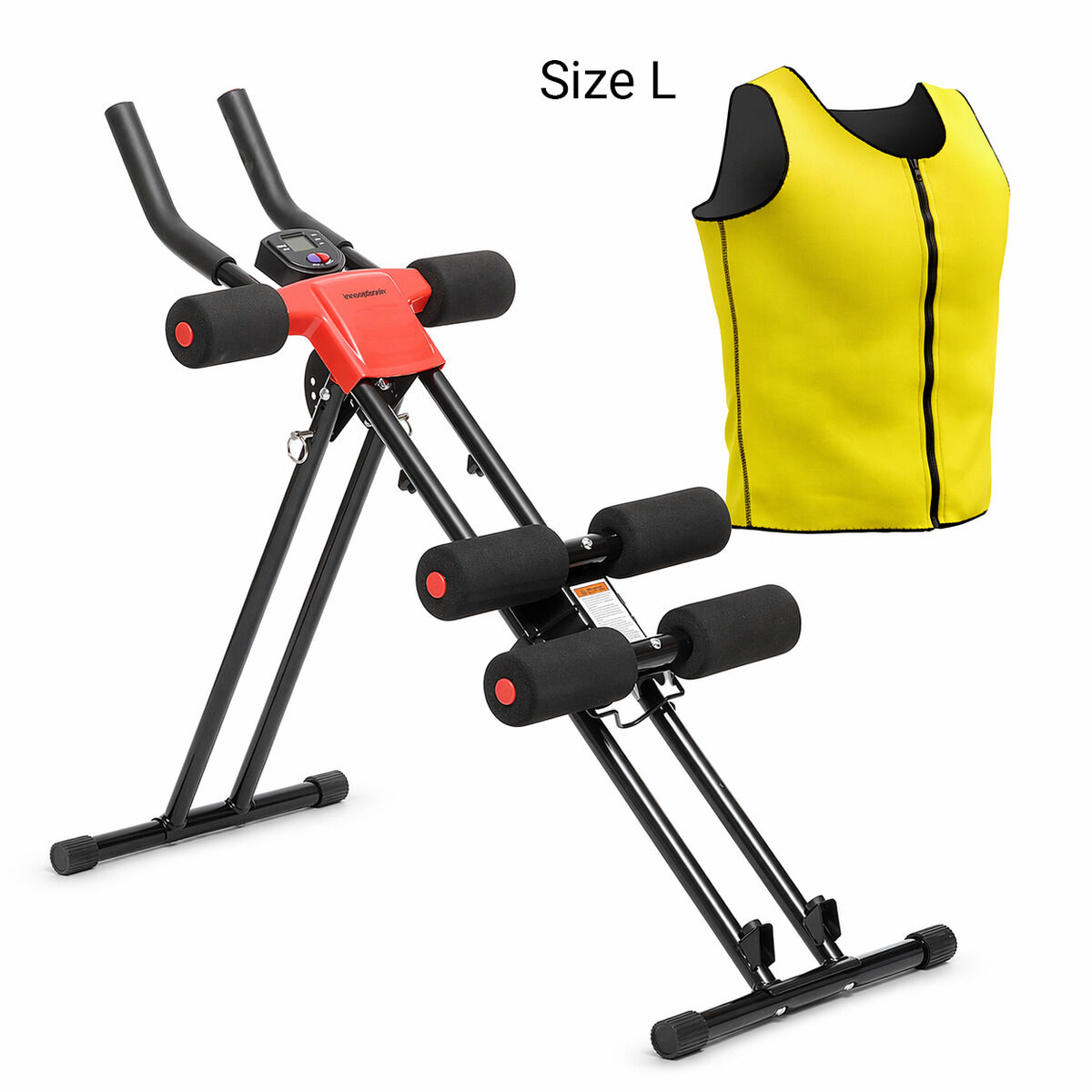 Ein Bauchmuskeltrainer und eine gelbe Weste mit Reißverschluss, Größe L.