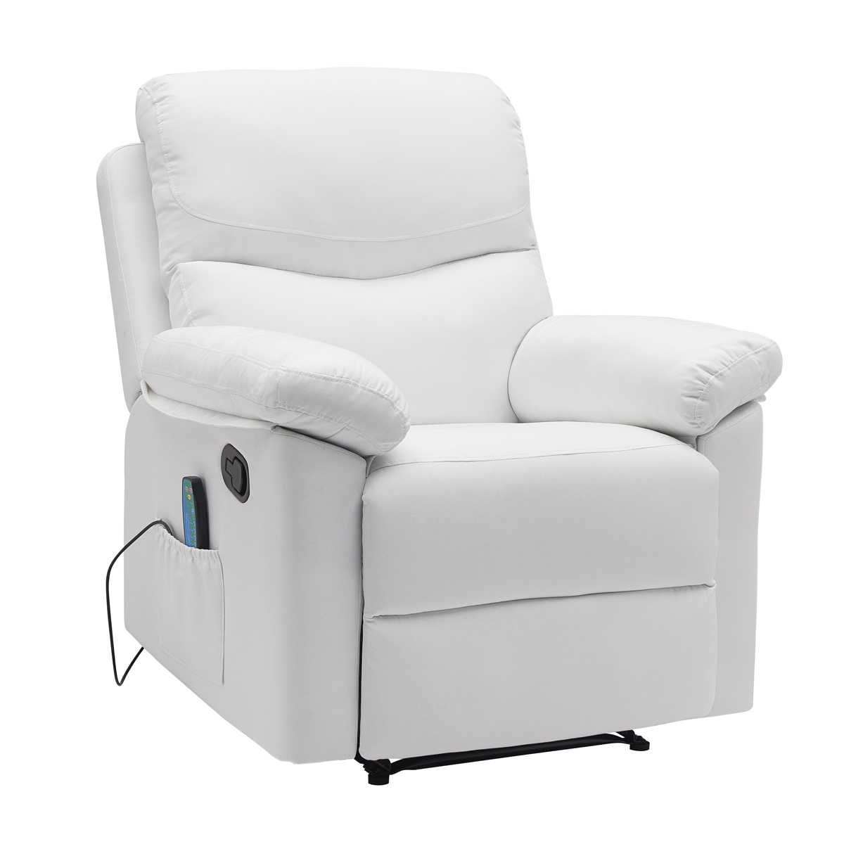 Ein weißer, gepolsterter Relax-Sessel mit Fernbedienung in der Seitentasche.