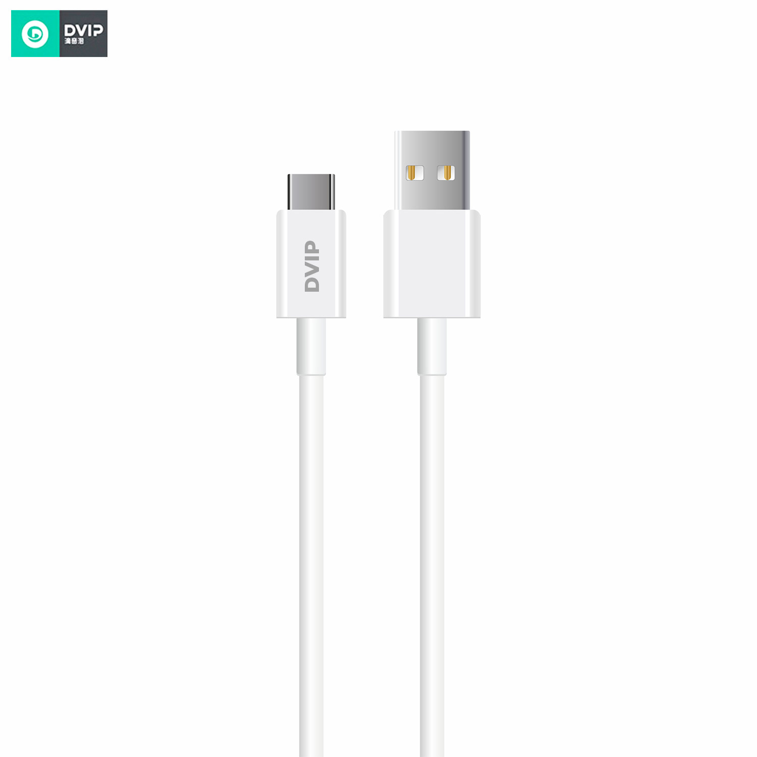 Her iki konektöründe DVIP logosu bulunan beyaz bir USB-C - USB-A kablosu.