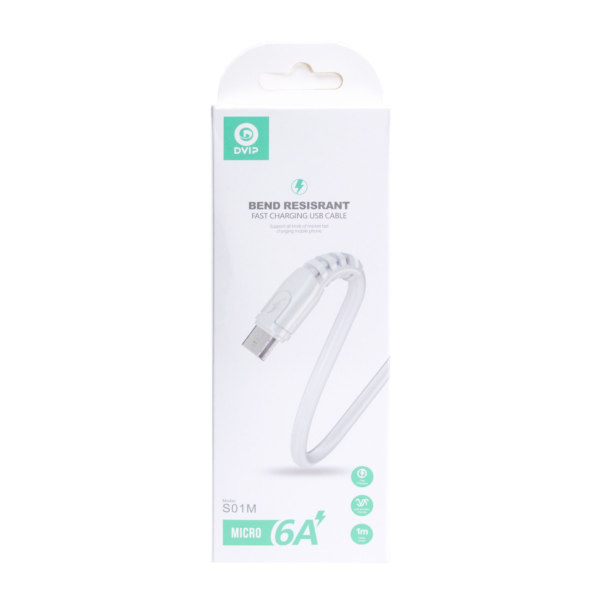 Micro konektörlü beyaz USB kablosu ambalajı, 6A şarj.