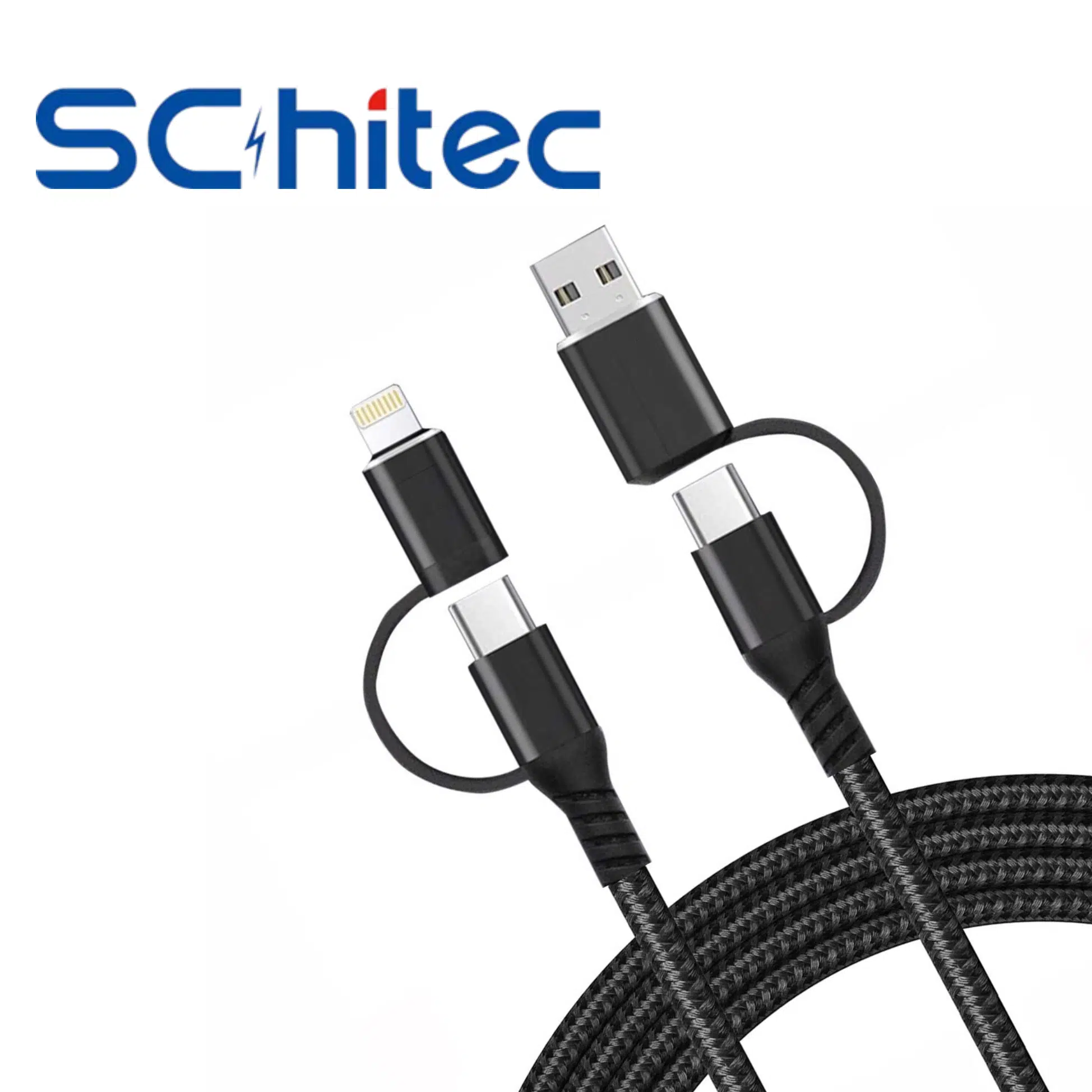 USB, Lightning ve iki USB-C konektörlü siyah şarj kablosu.