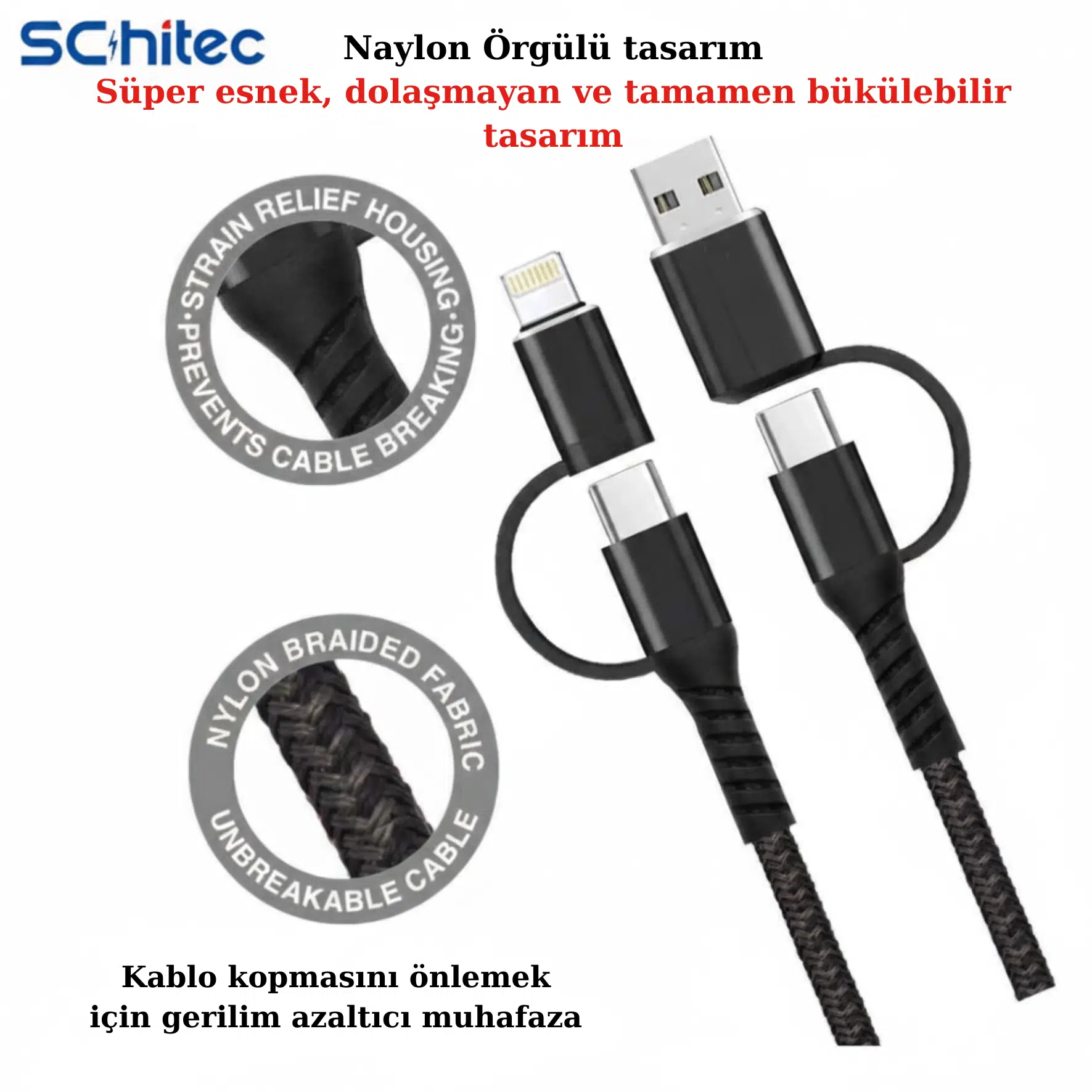 USB-A ve USB-C konnektörlü, naylon örgülü iki siyah şarj kablosu.