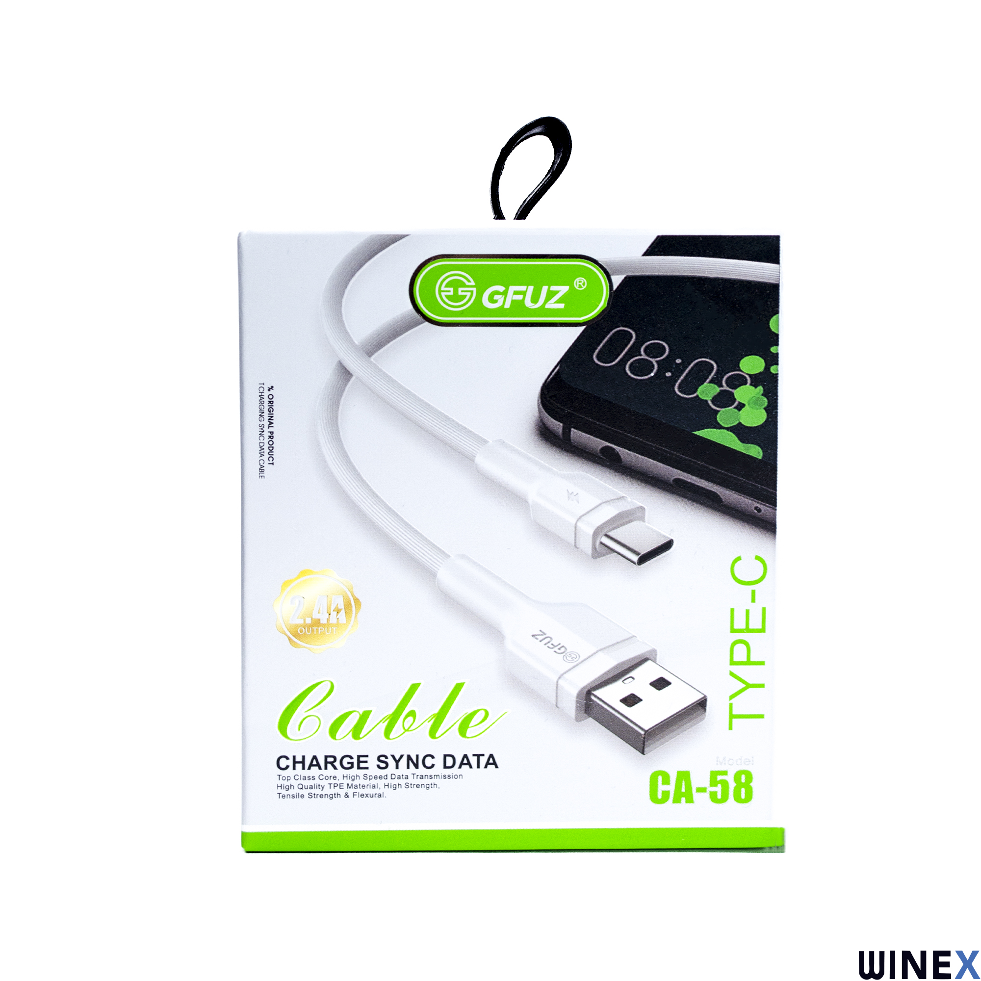 GFUZ Tip-C şarj kablosu USB-A konektörlü, akıllı telefon yanında.