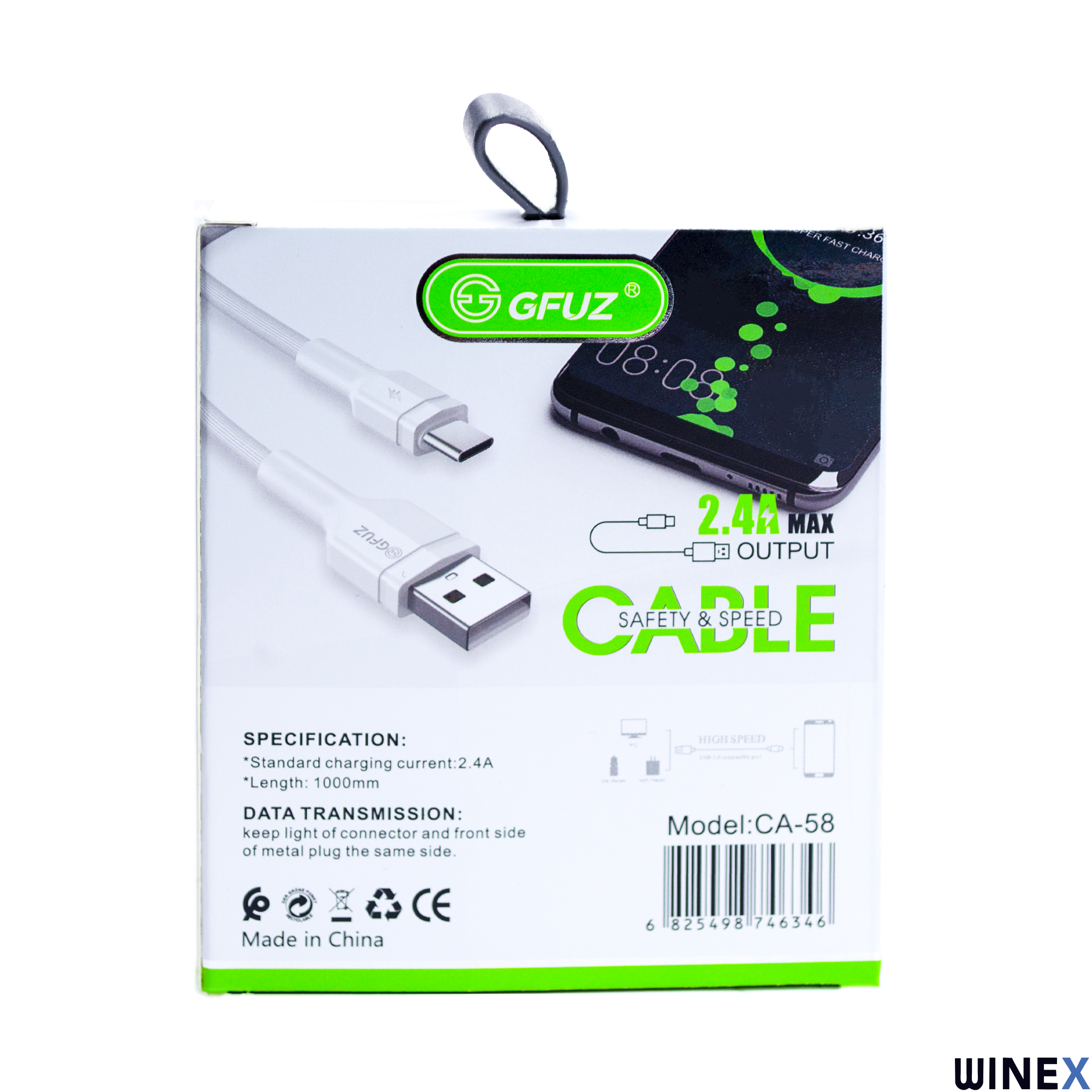GFUZ şarj kablosu, USB-A ve USB-C uçlu. 2.4A çıkış gösterir.