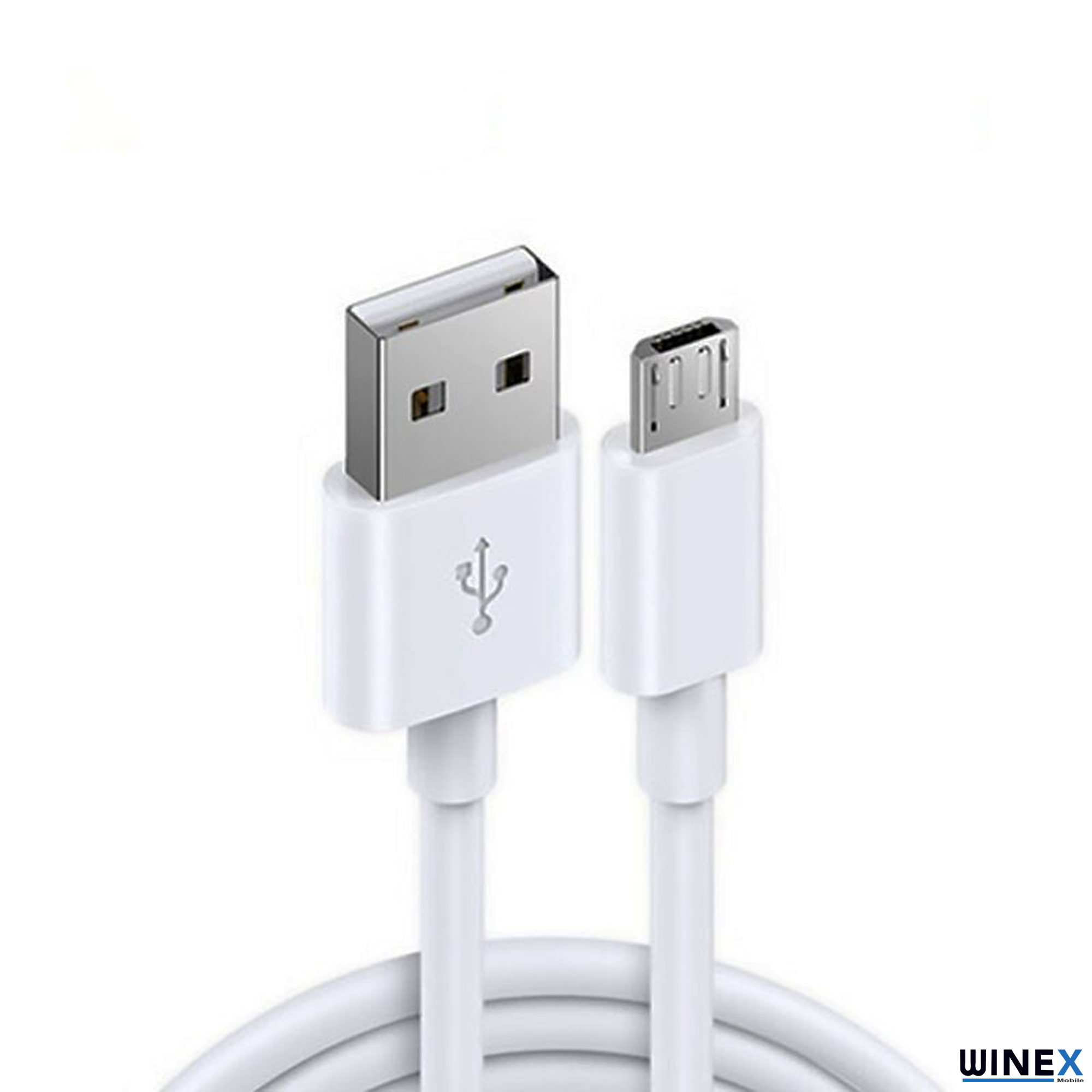 Standart ve micro USB konektörlü beyaz bir USB kablosu.
