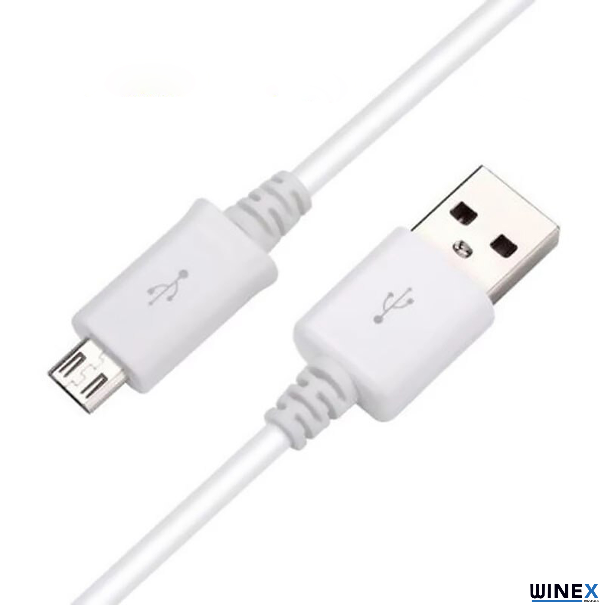 Beyaz USB ve micro USB kablosu, beyaz arka planda USB logosu.