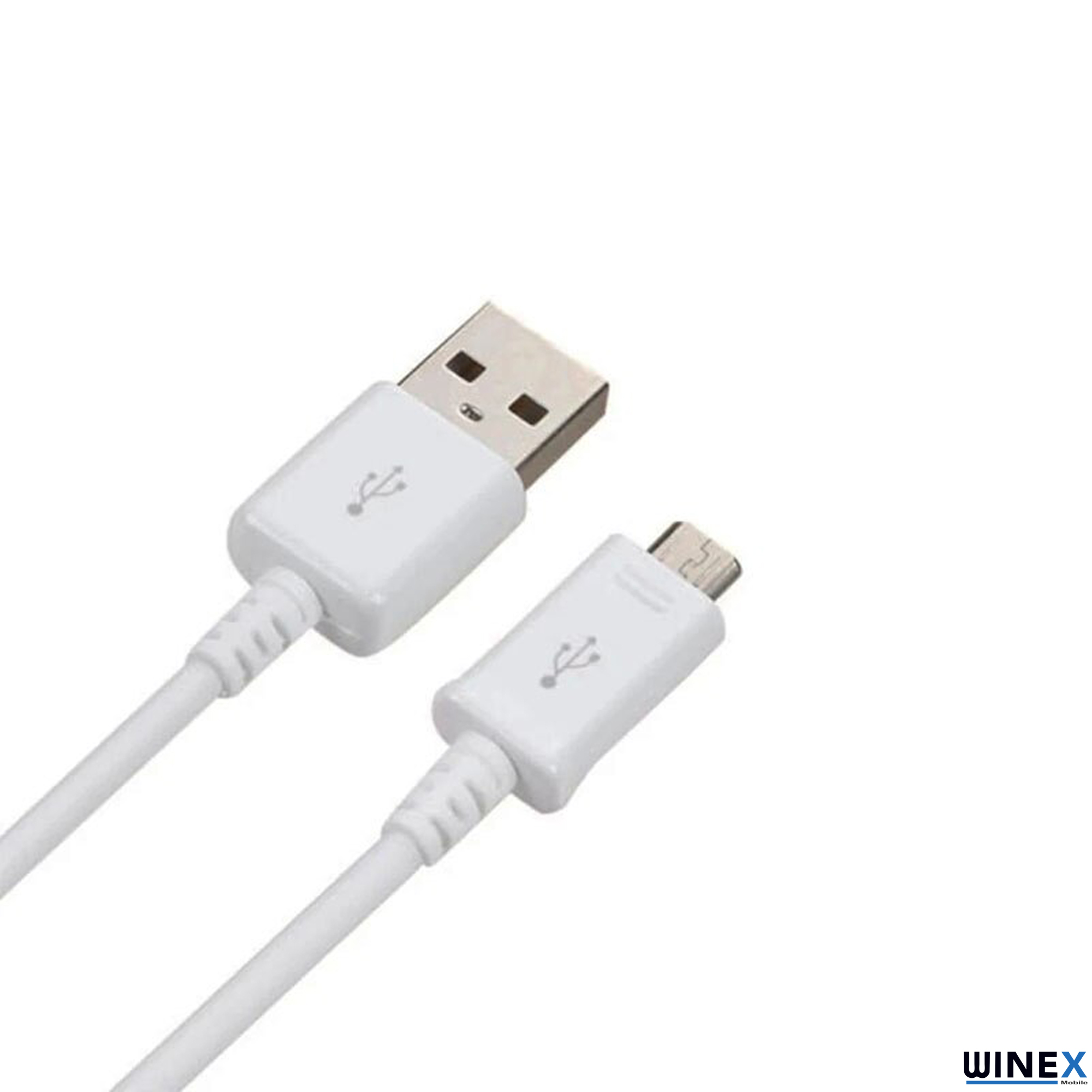 Beyaz USB - Micro USB kablo, konektörler ve logo, beyaz arka plan üzerinde.