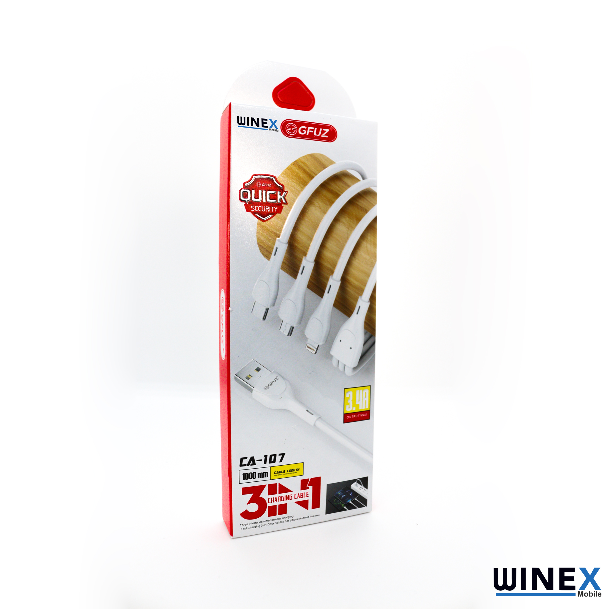WINEX GFUZ 3'ü 1 arada şarj kablosu ambalajı, USB-A konektörlü.