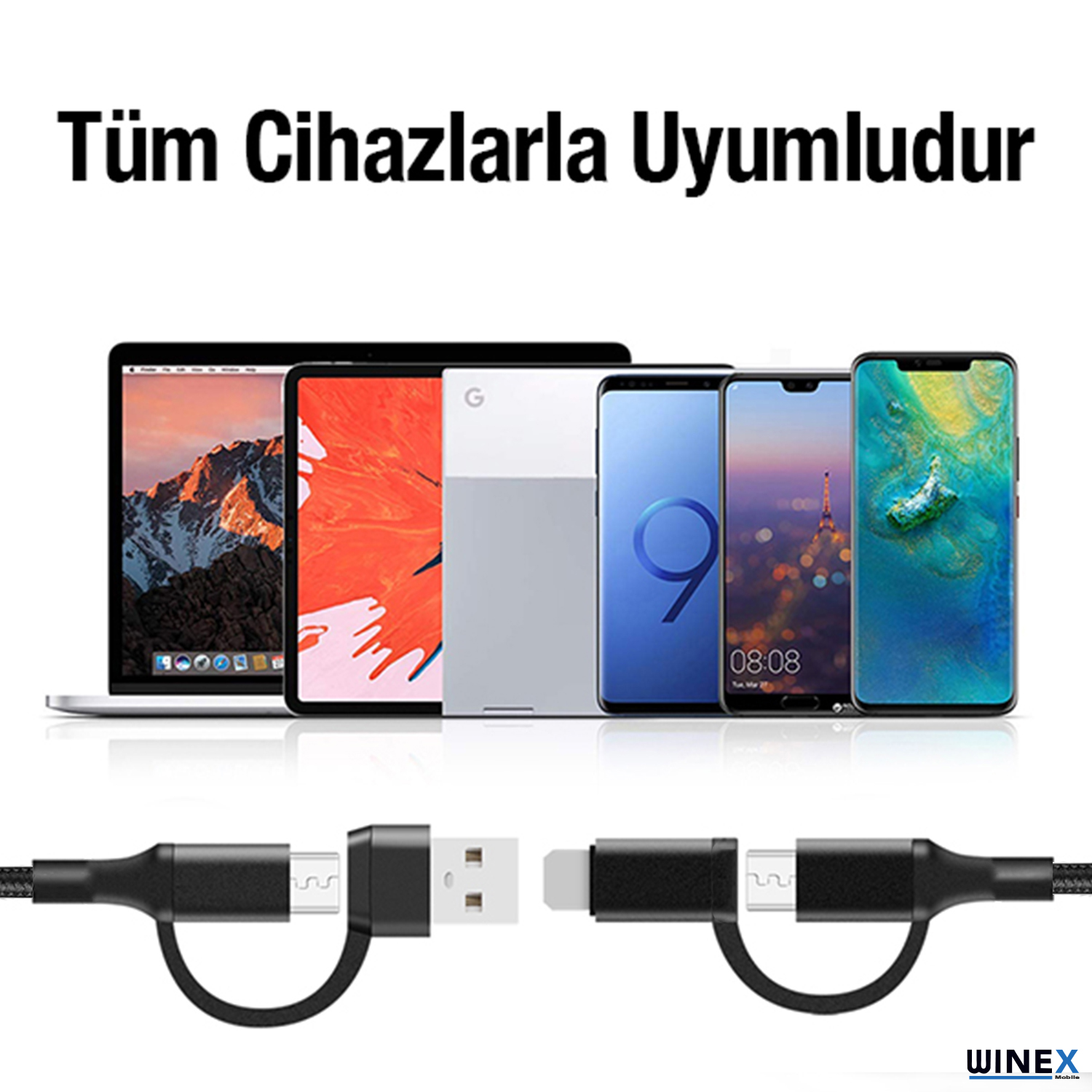 Bir dizüstü bilgisayar, bir tablet ve şarj kablosu olan üç akıllı telefon.
