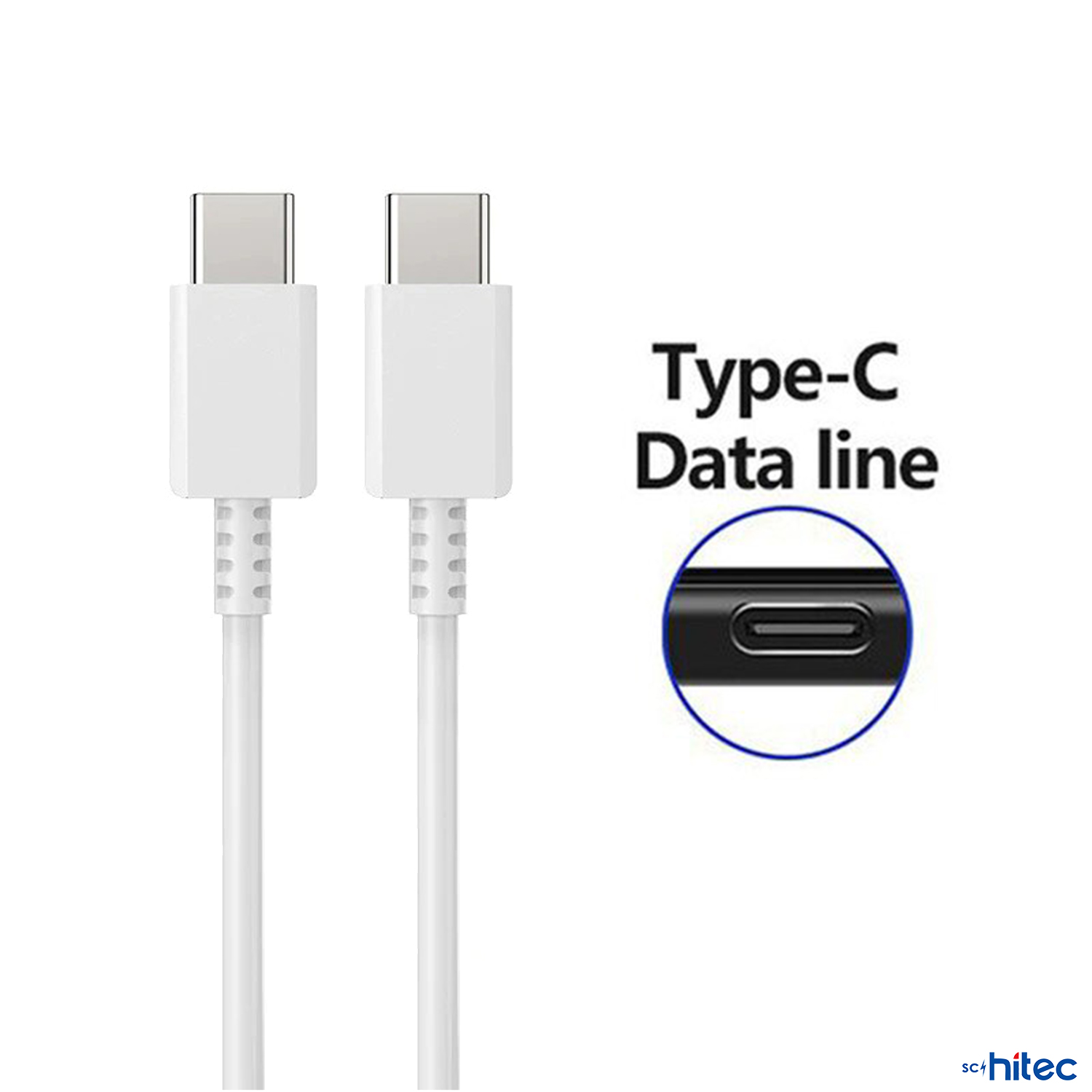 Yan yana iki beyaz USB-C veri kablosu, USB-C bağlantı noktası yakın çekimiyle.