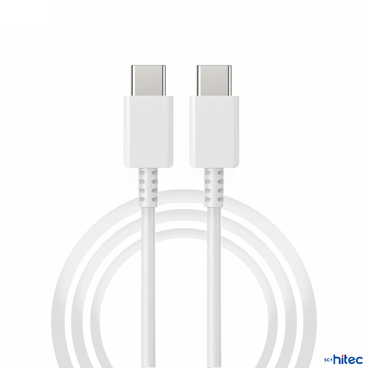 Beyaz arka plan üzerinde gümüş konektörlü iki beyaz USB-C kablosu.