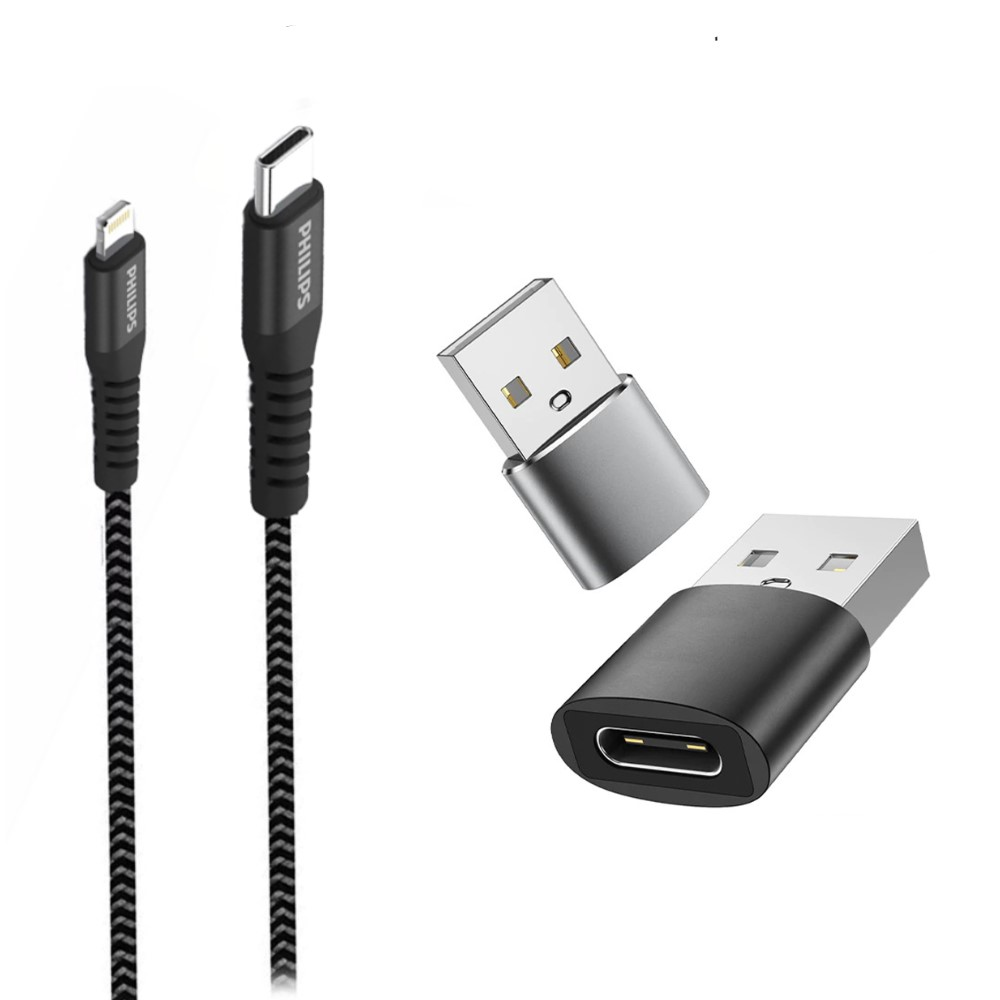 Beyaz arka plan üzerinde iki Philips şarj kablosu ve iki USB'den USB-C'ye adaptör.