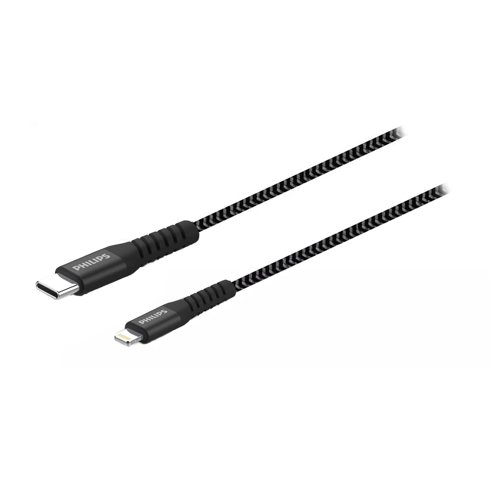 Beyaz arka plan üzerinde USB-C ve Lightning konnektörlü iki Philips kablo.