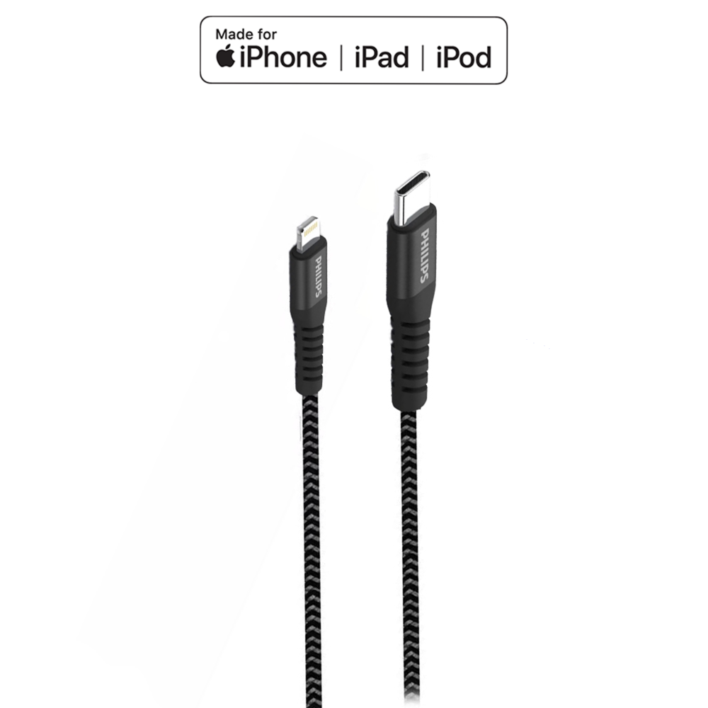 Beyaz arka planda Lightning ve USB-C konektörlü iki Philips kablo.