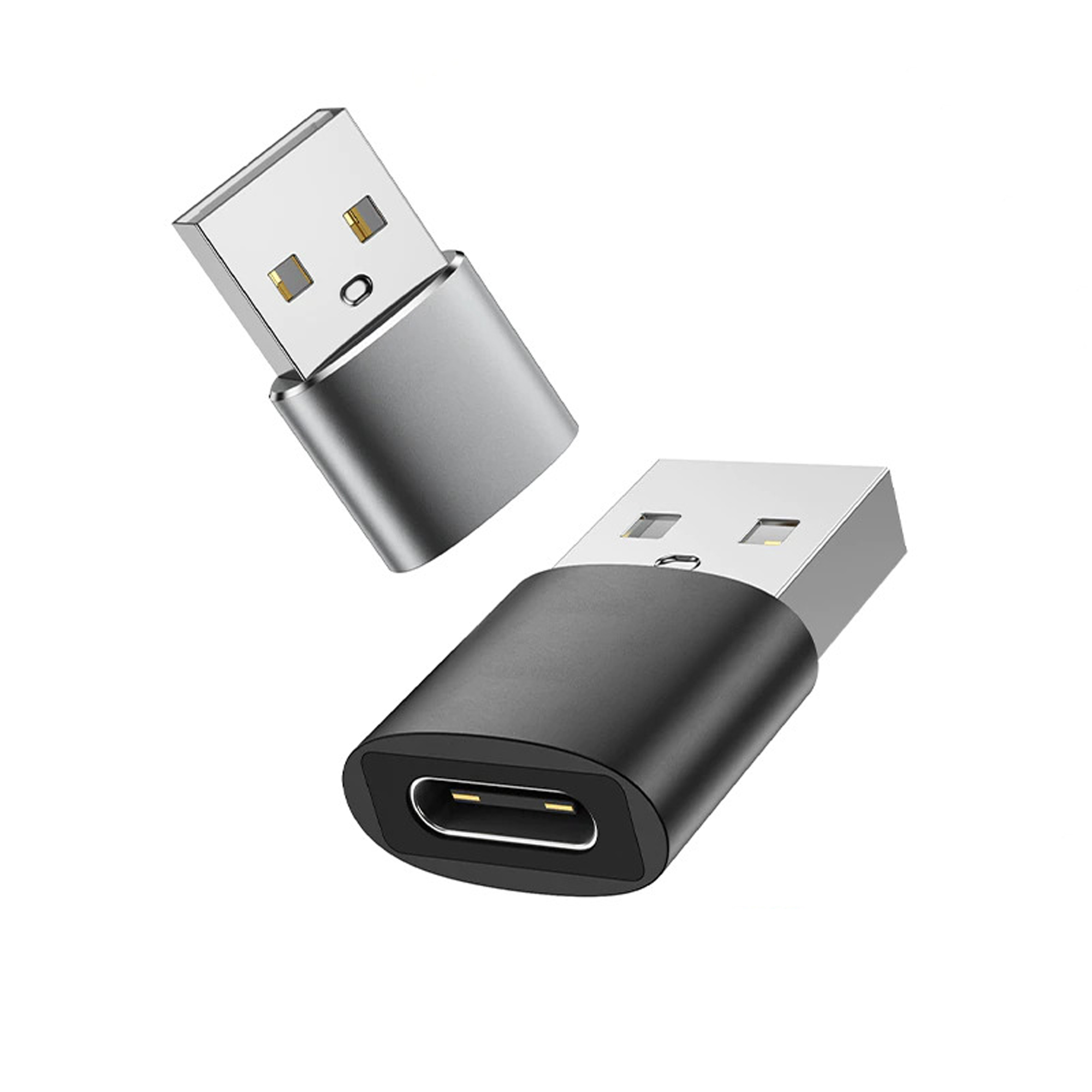 İki USB'den USB-C'ye adaptör, biri gümüş, biri siyah.