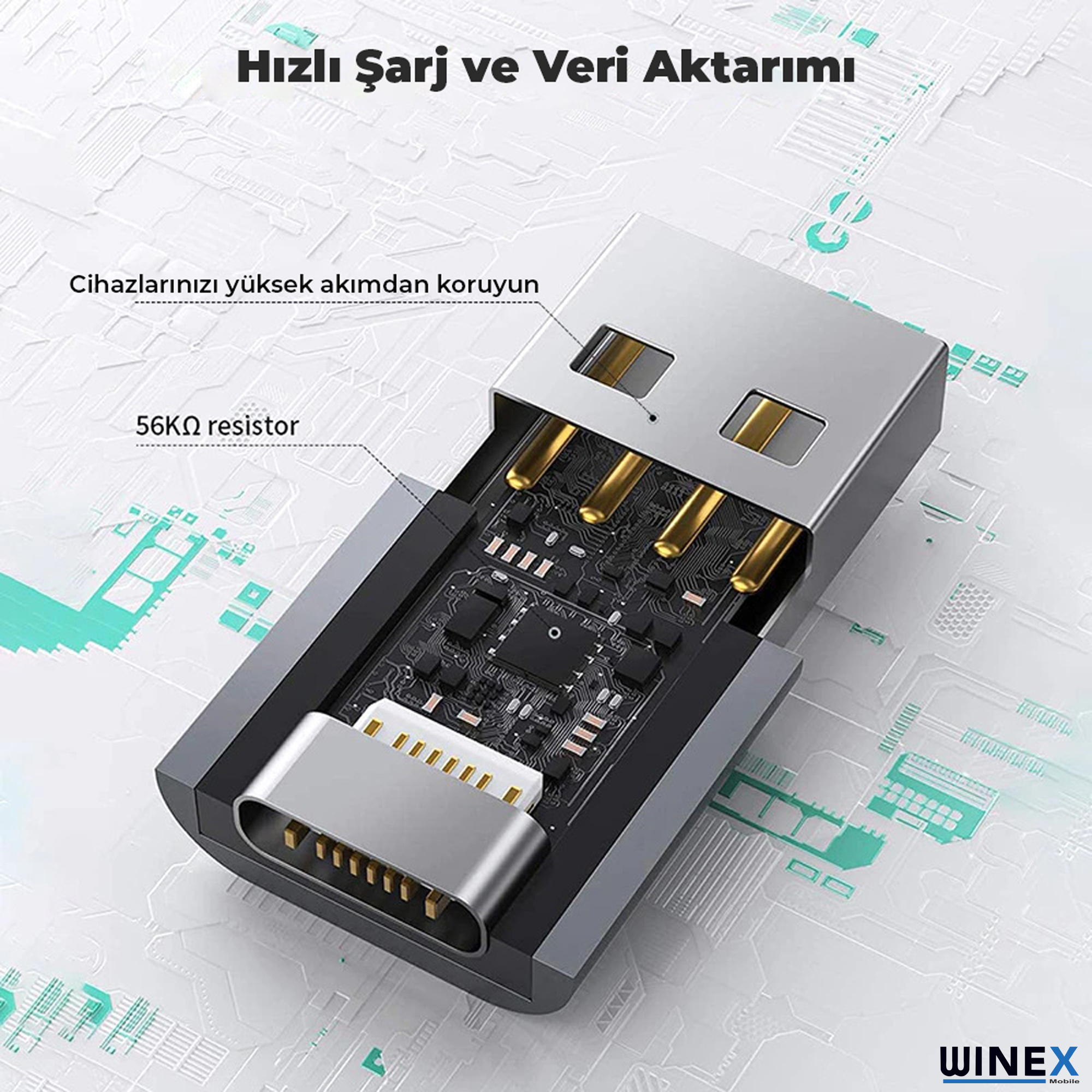 Açık devre kartı ve altın pinlere sahip USB-C adaptörü. Aşırı akım koruması.