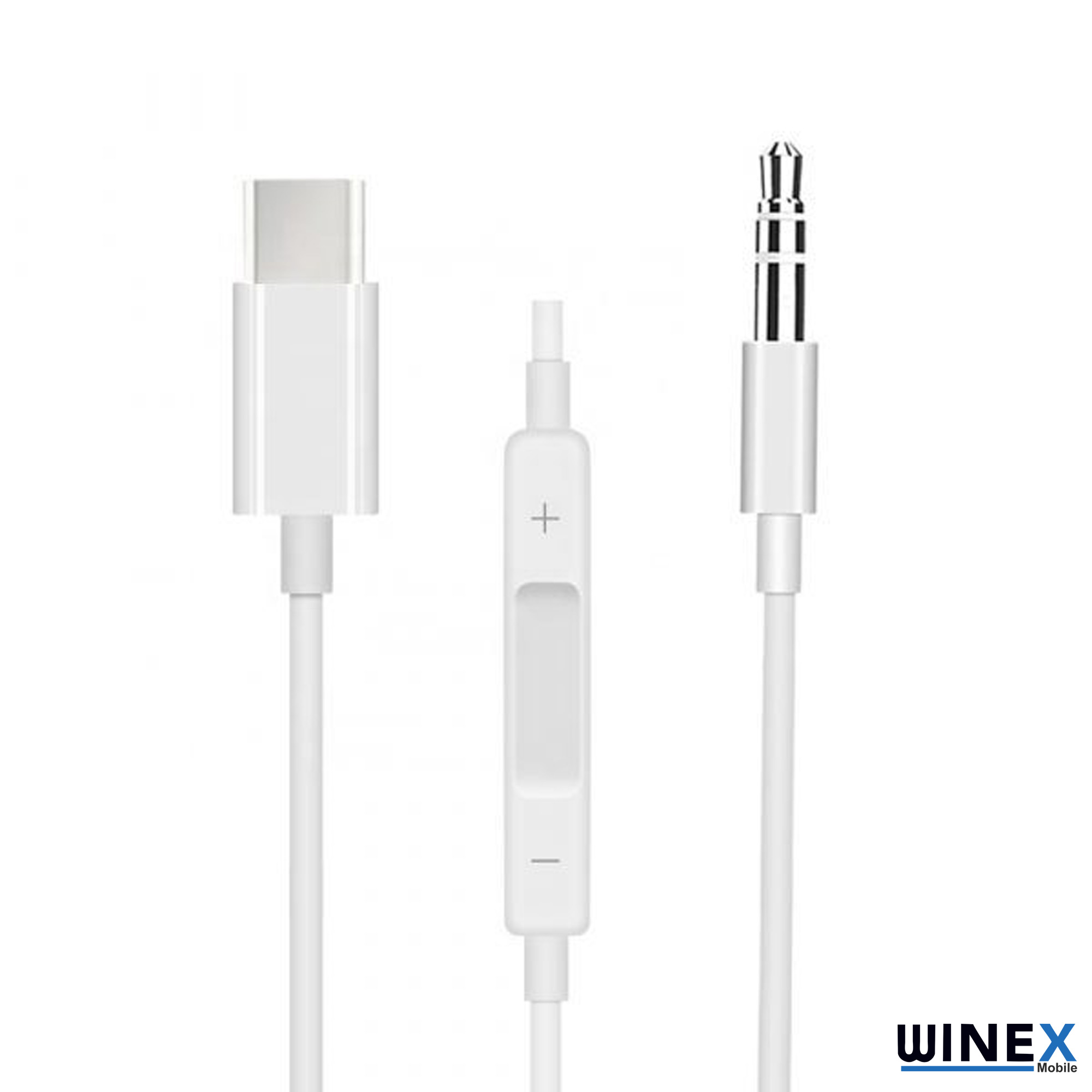 Beyaz bir USB-C kablosu, satır içi uzaktan kumanda ve 3,5 mm ses jakı.