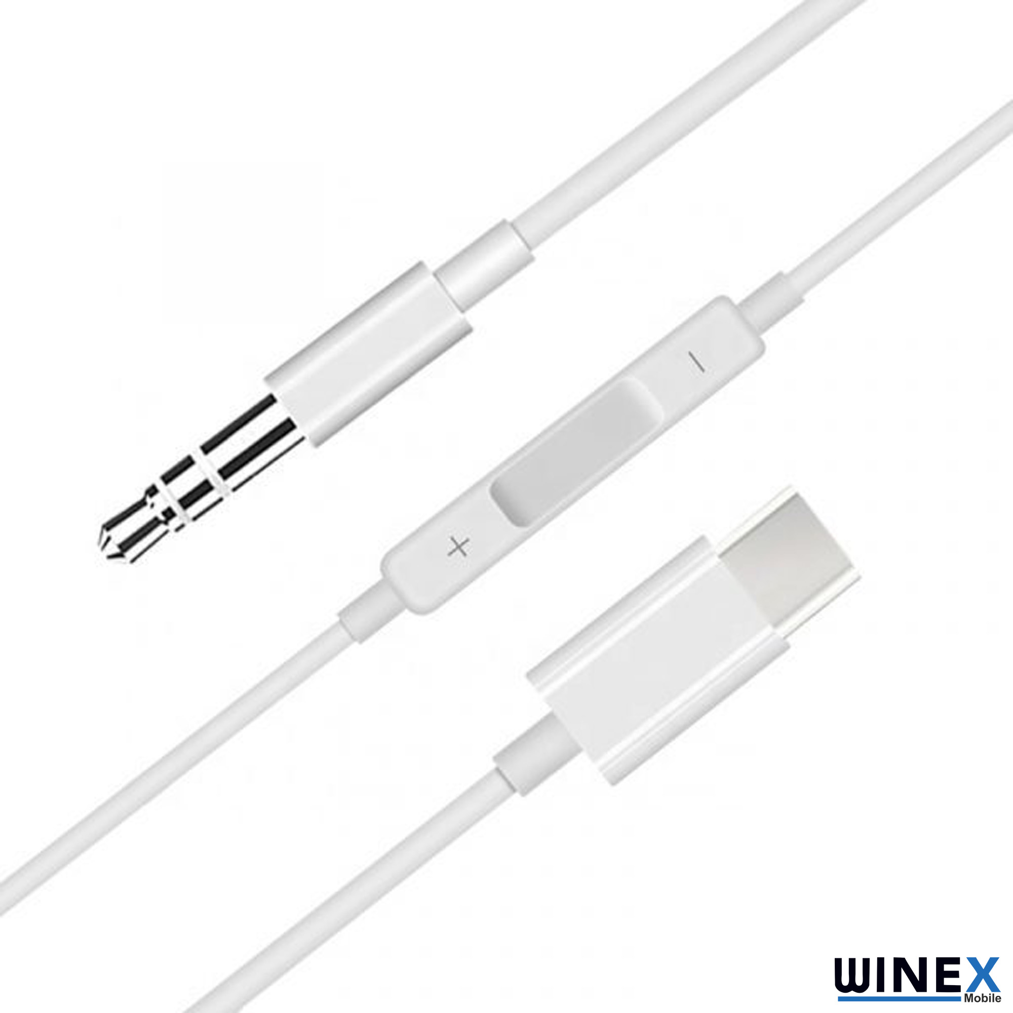 3,5 mm jak ve USB-C konektörlü, ses düğmeli beyaz kablo.