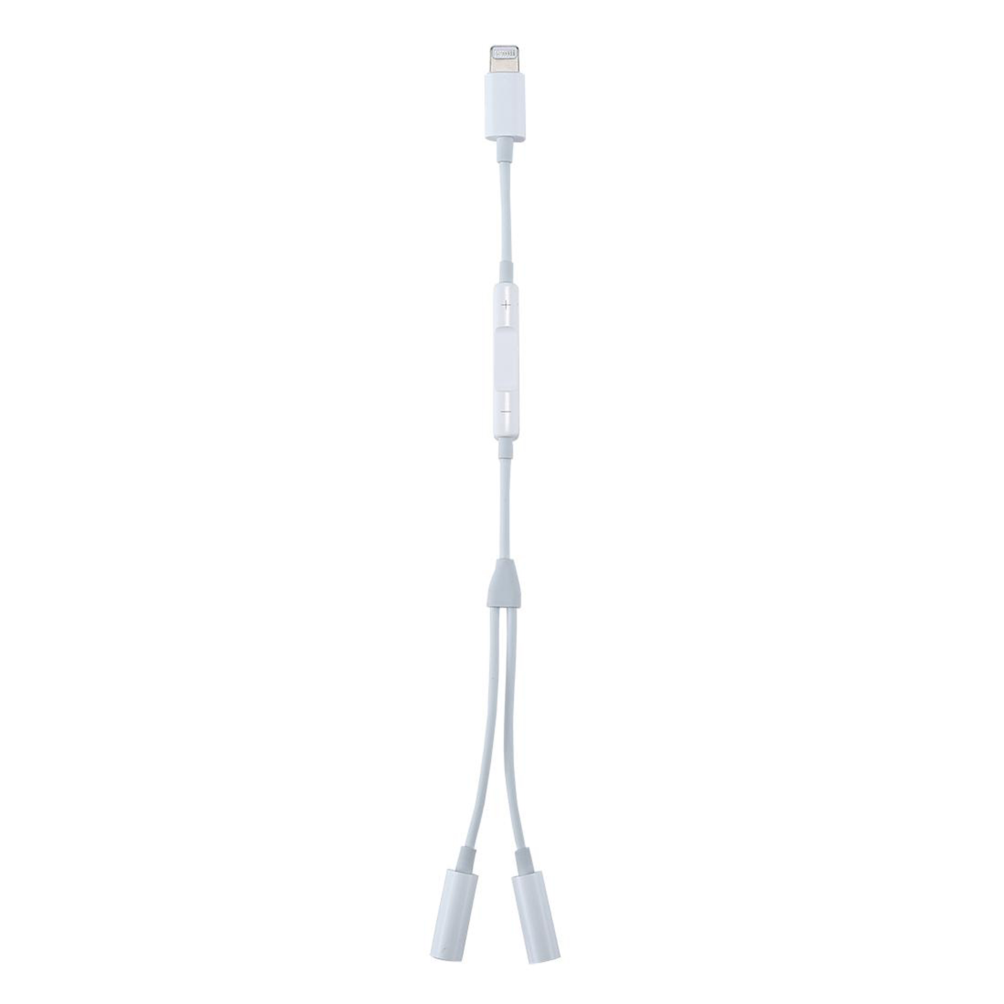 Ses kontrolü ve iki kulaklık çıkışlı beyaz Lightning ayırıcı.