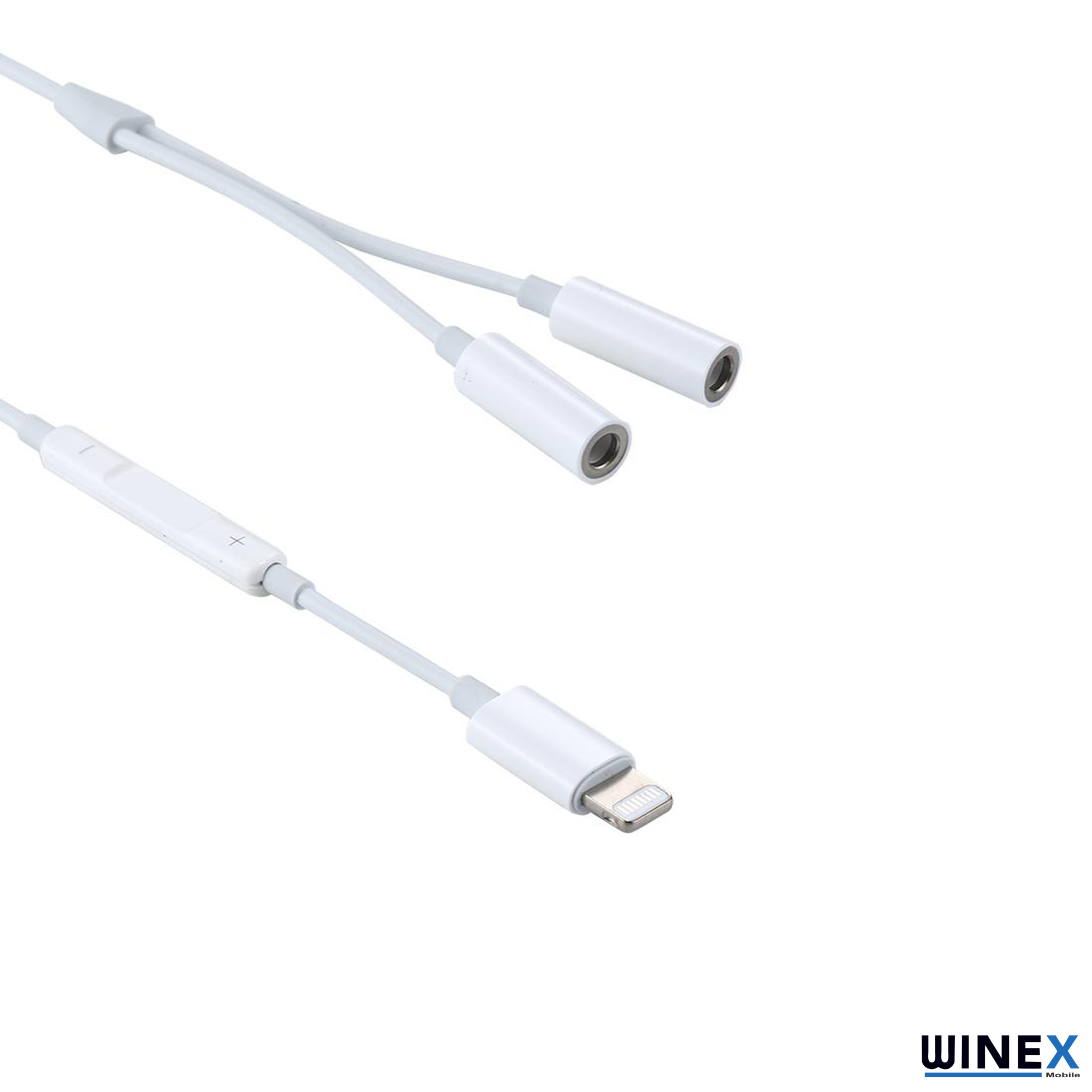 İki dişi bağlantı noktasına sahip beyaz Lightning - 3,5 mm adaptör kablosu.