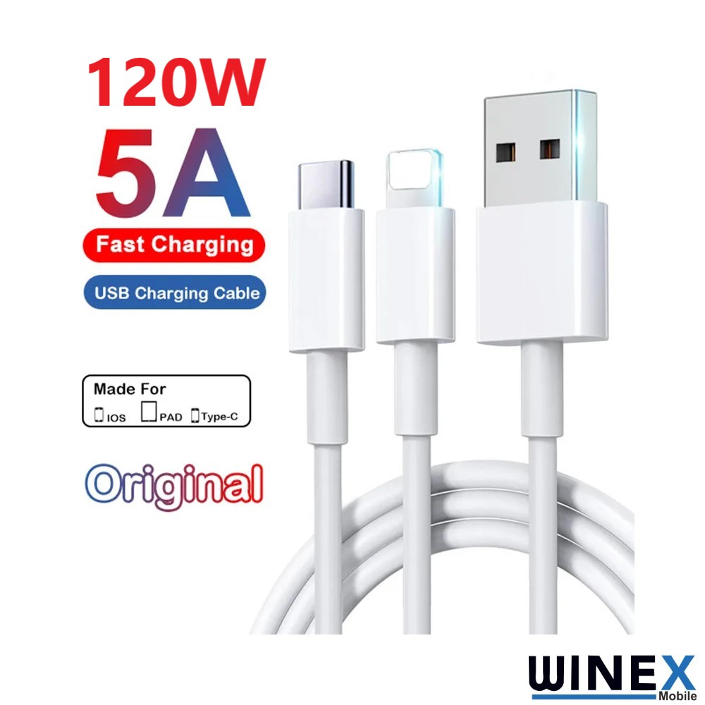 USB, Lightning ve USB-C konektörlü üç beyaz şarj kablosu.