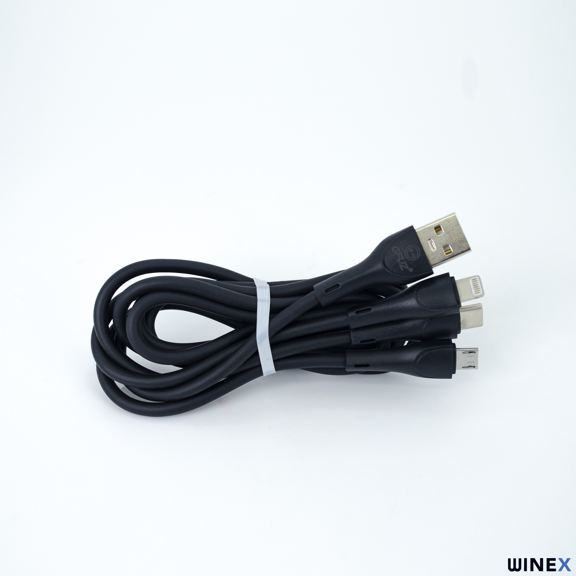 USB, Lightning ve Micro-USB konektörlü siyah şarj kablosu.