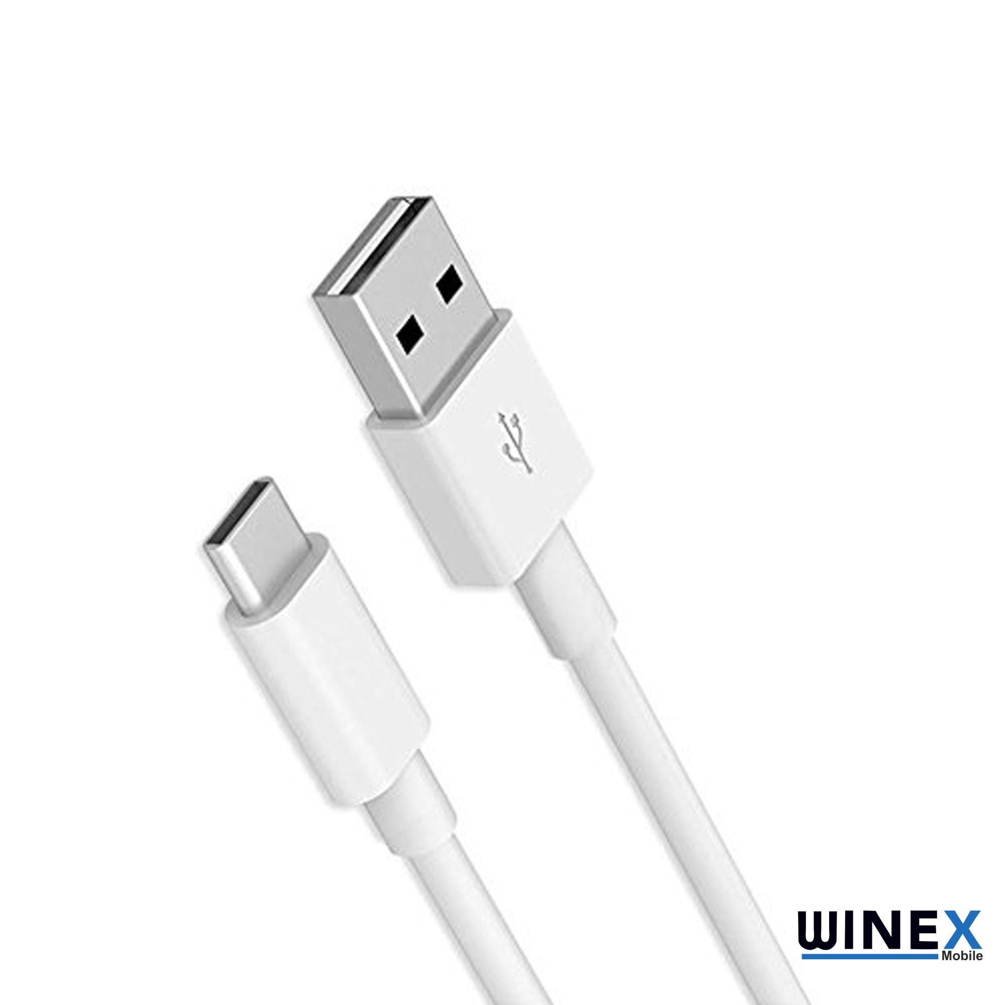Gümüş konektörlü beyaz USB-C - USB-A kablosu beyaz zeminde.