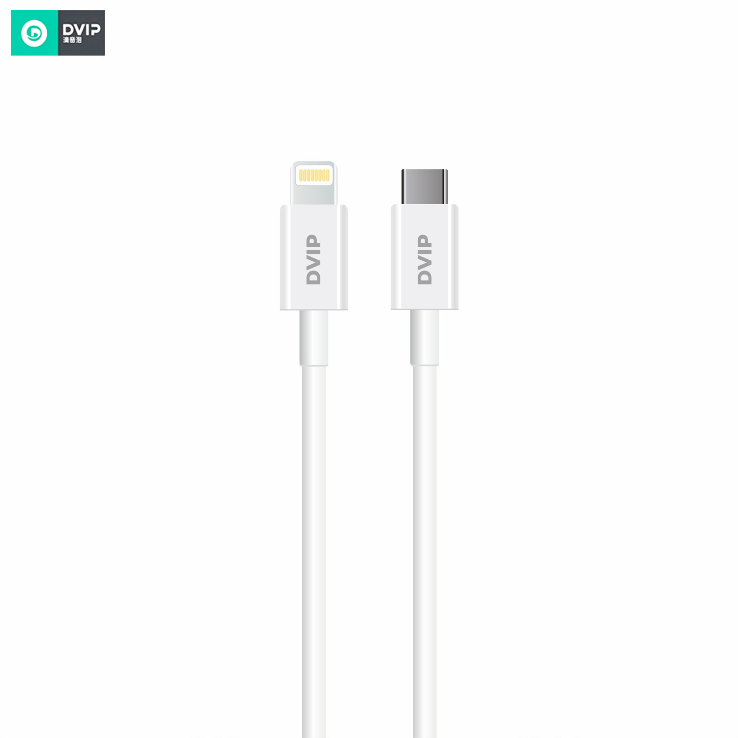 Lightning ve USB-C konektörlü beyaz DVIP kablosu.