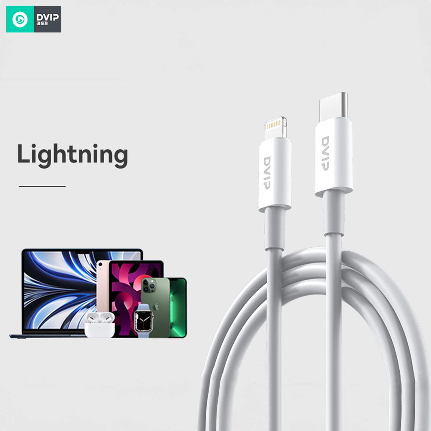 Apple cihazlarıyla beyaz Lightning ve USB-C kablolar: dizüstü bilgisayar, tablet, telefon, saat, kulaklık.