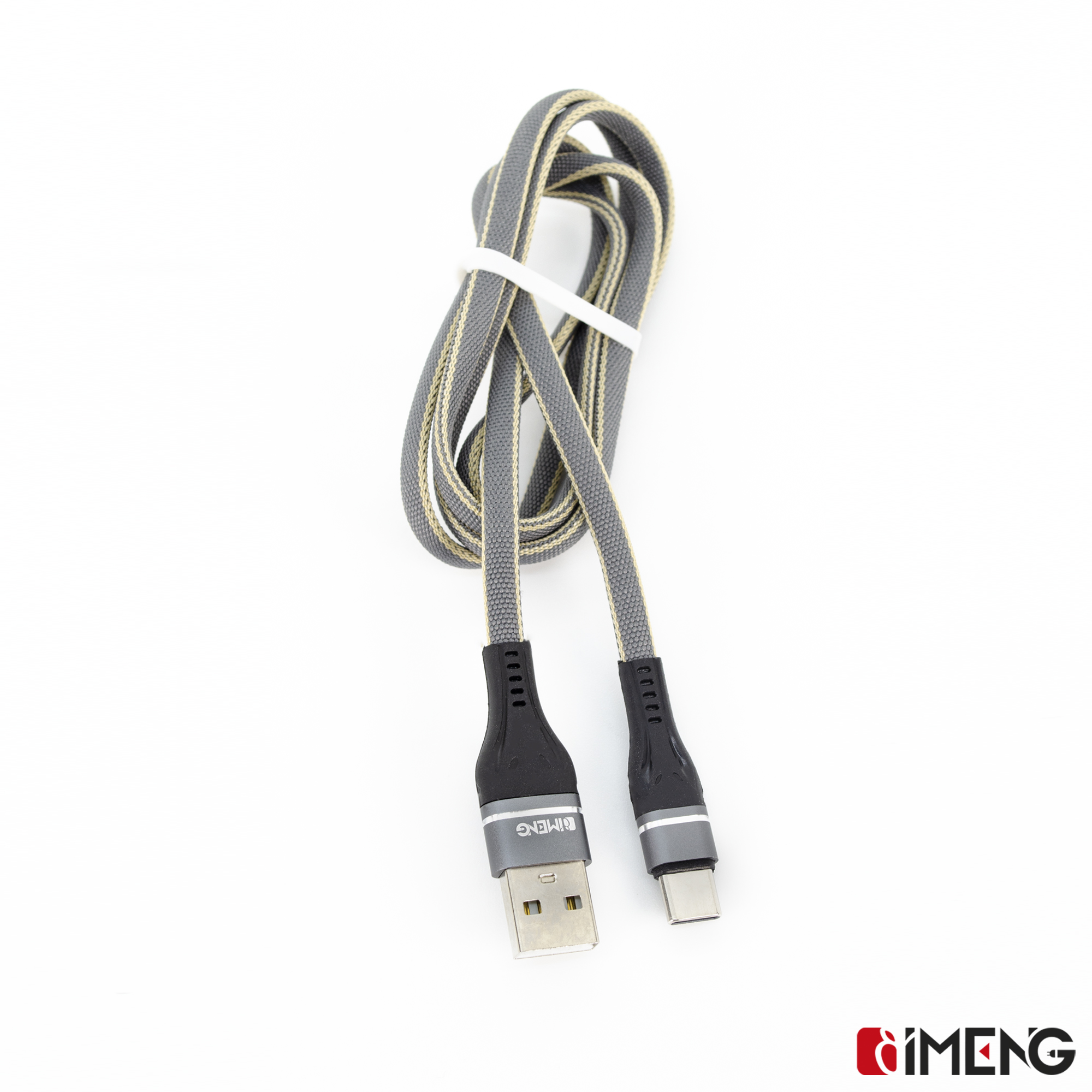 Sarı çizgili gri USB-C kablosu. USB-A ve USB-C konektörleri.