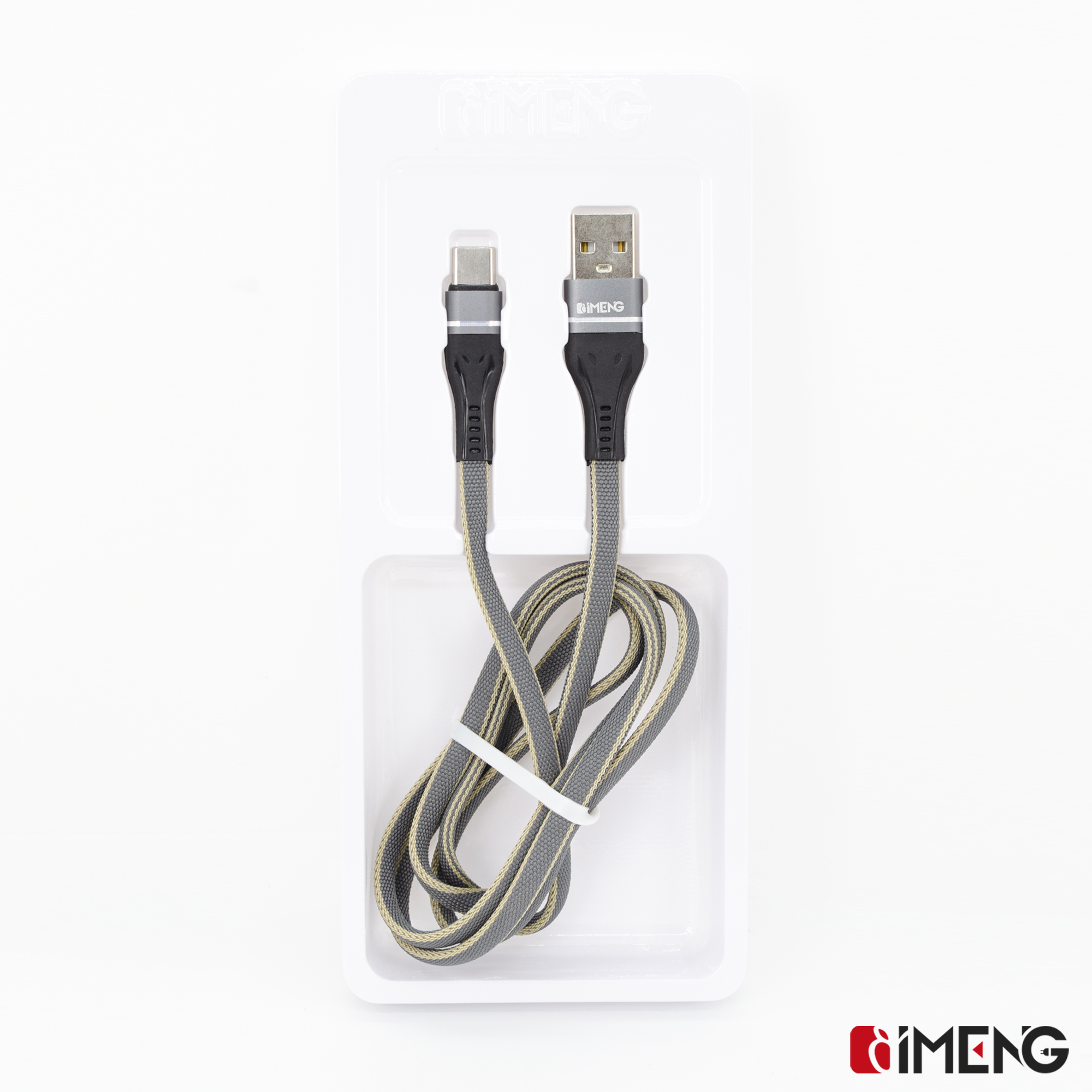 Beyaz ambalajda, gri kumaş kaplı USB-C - USB-A kablosu.
