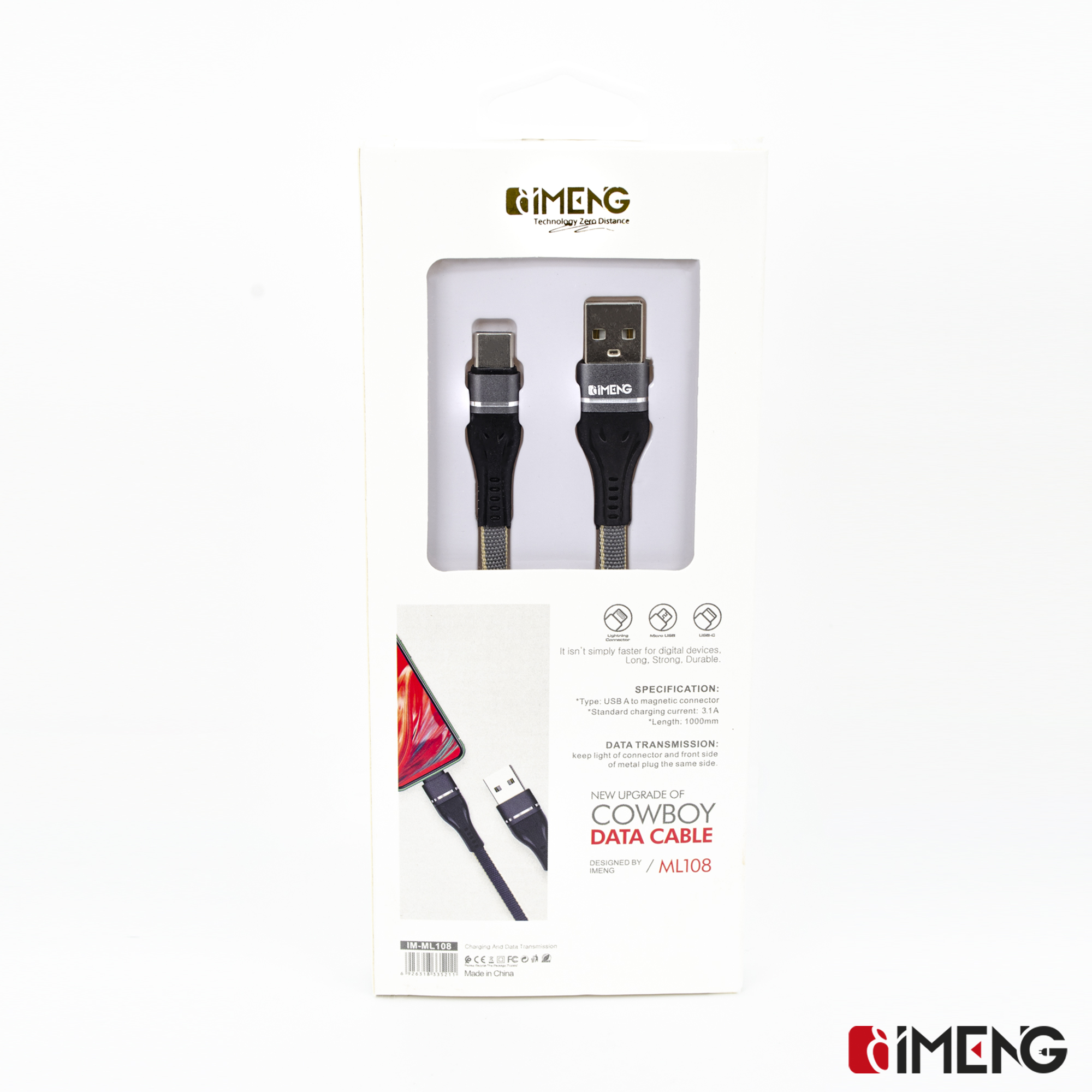Siyah ve gri örgülü USB-A'dan manyetik kabloya ambalajı.