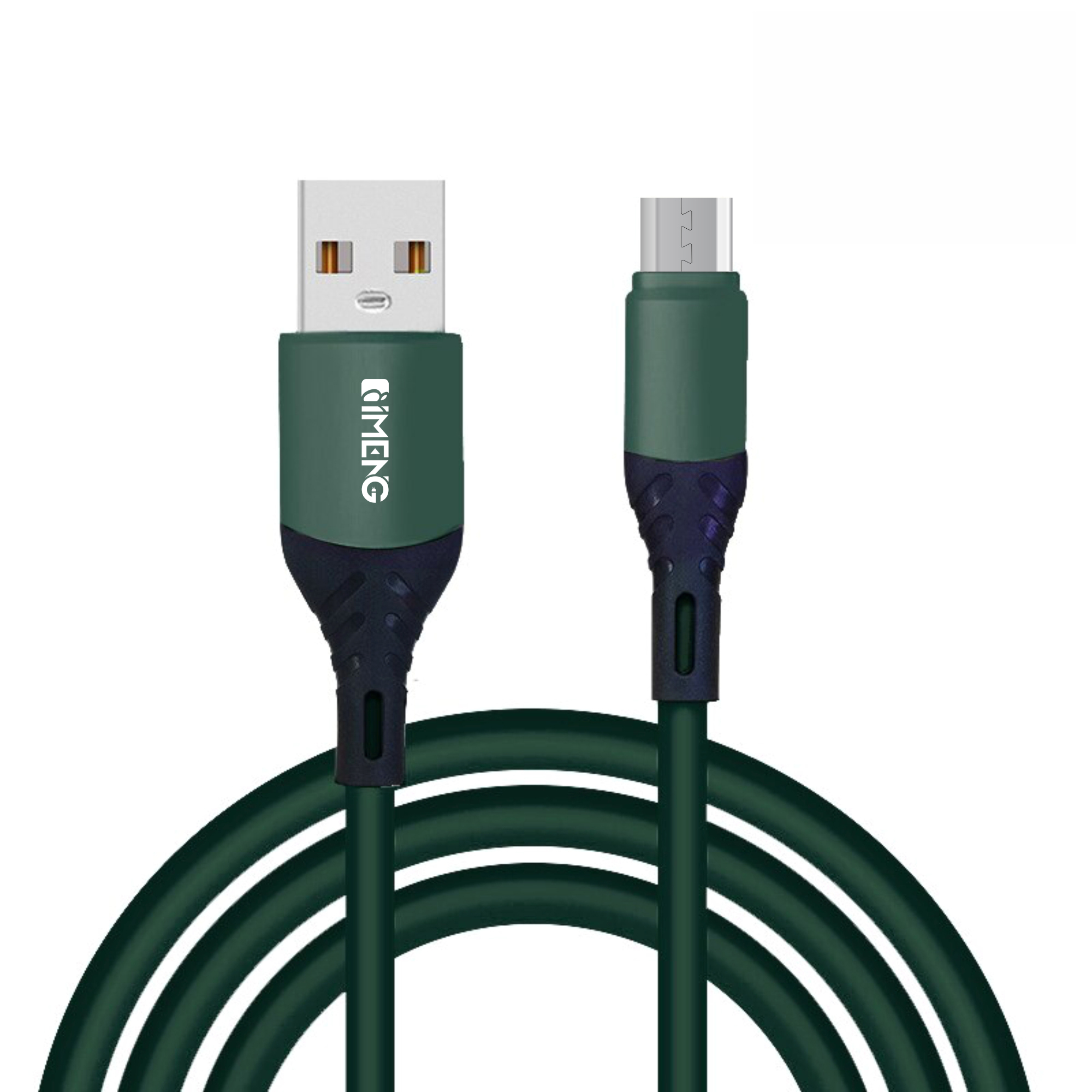 Beyaz arka plan üzerinde gümüş konektörlü yeşil USB - Micro USB kablosu.