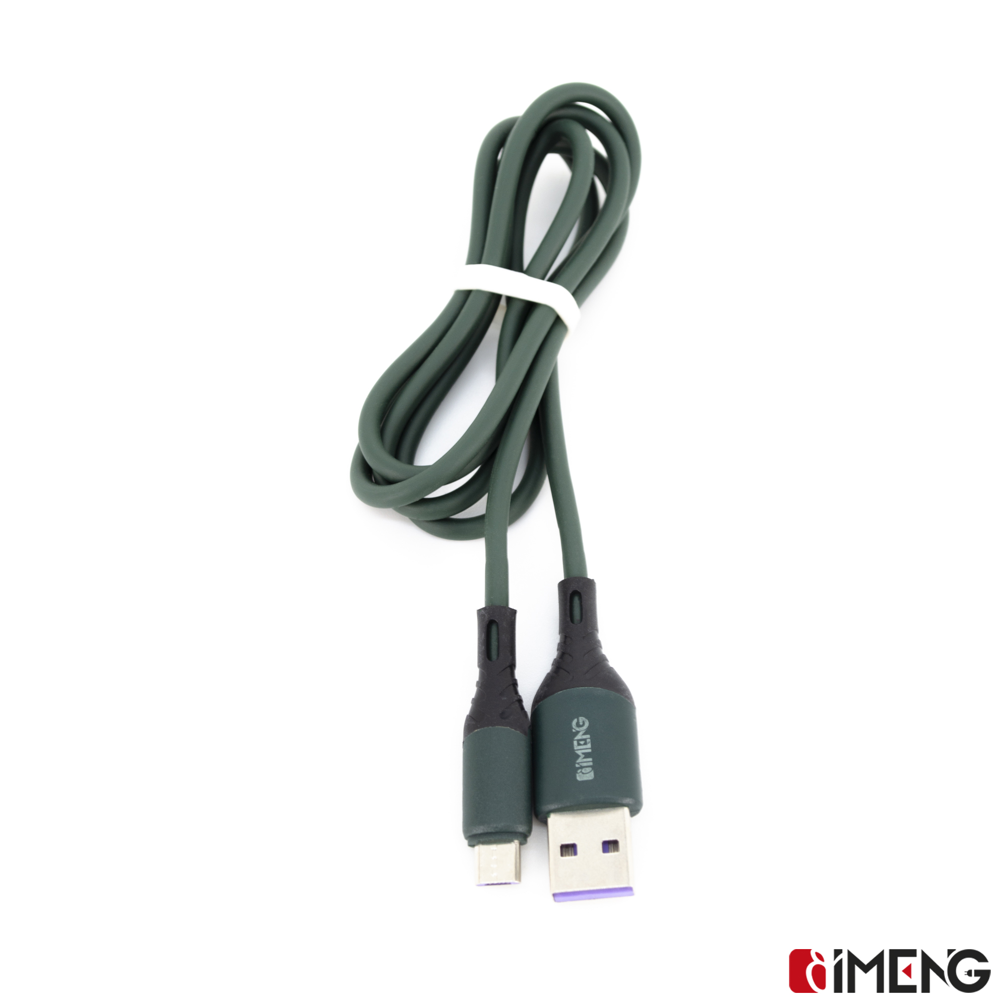 Beyaz bağ ile sabitlenmiş koyu yeşil USB-C - USB-A kablosu.