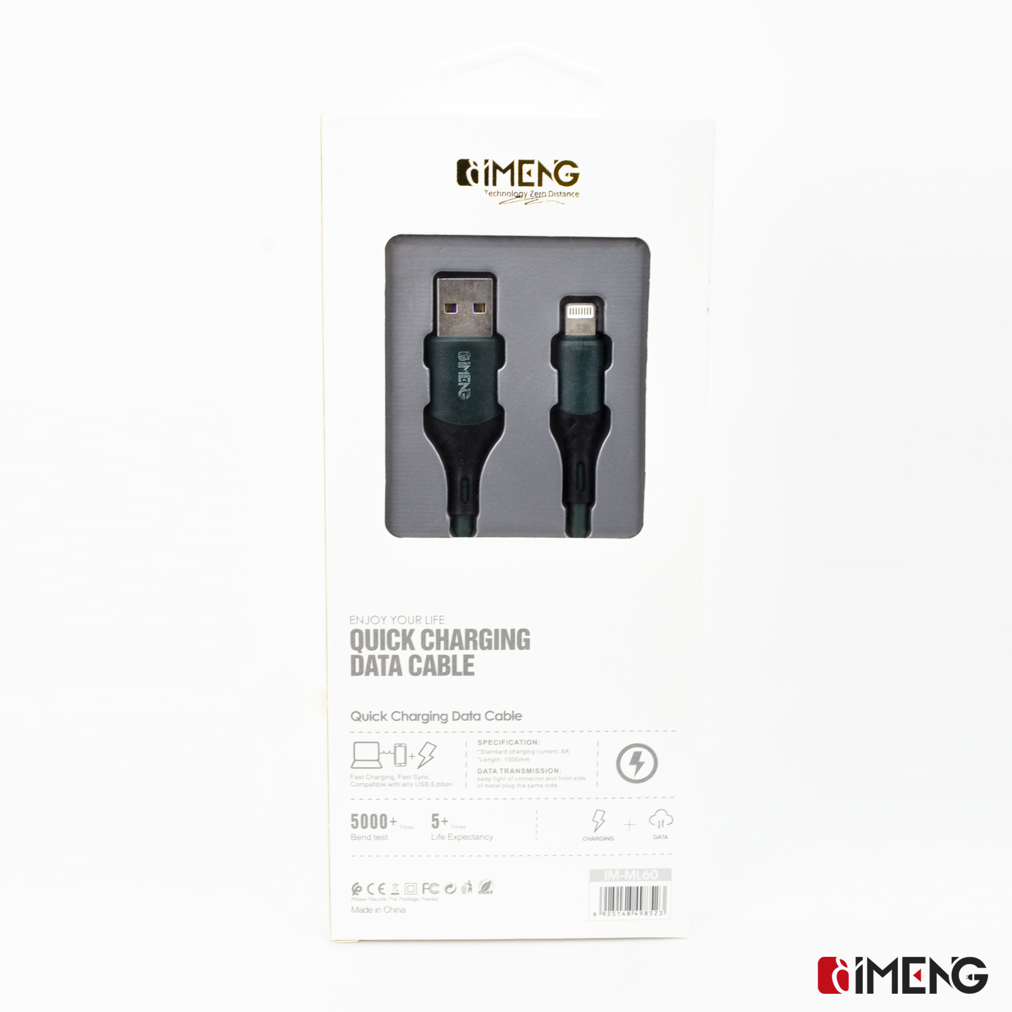 Koyu yeşil USB-A - Lightning kablosu ambalajında, Quick Charging Data Cable olarak etiketlenmiş.