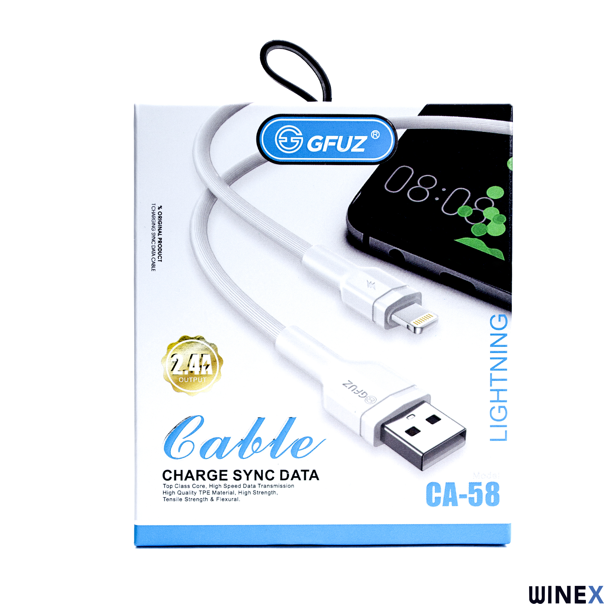 GFUZ beyaz lightning kablo, kutu üzerinde USB-A ve Lightning konektörlü.