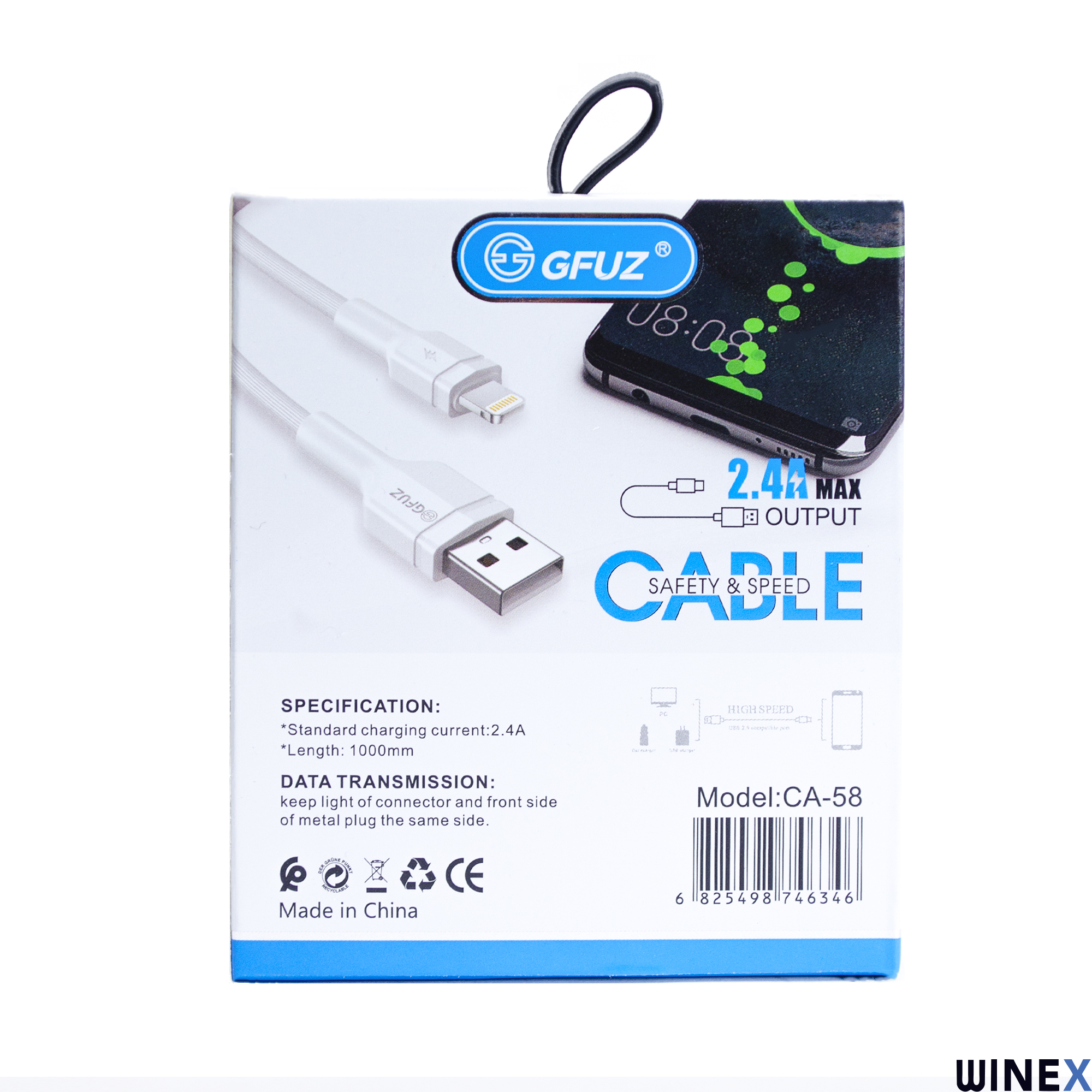 USB ve Lightning konektörlü beyaz şarj kablosu ambalajı. GFUZ markası.