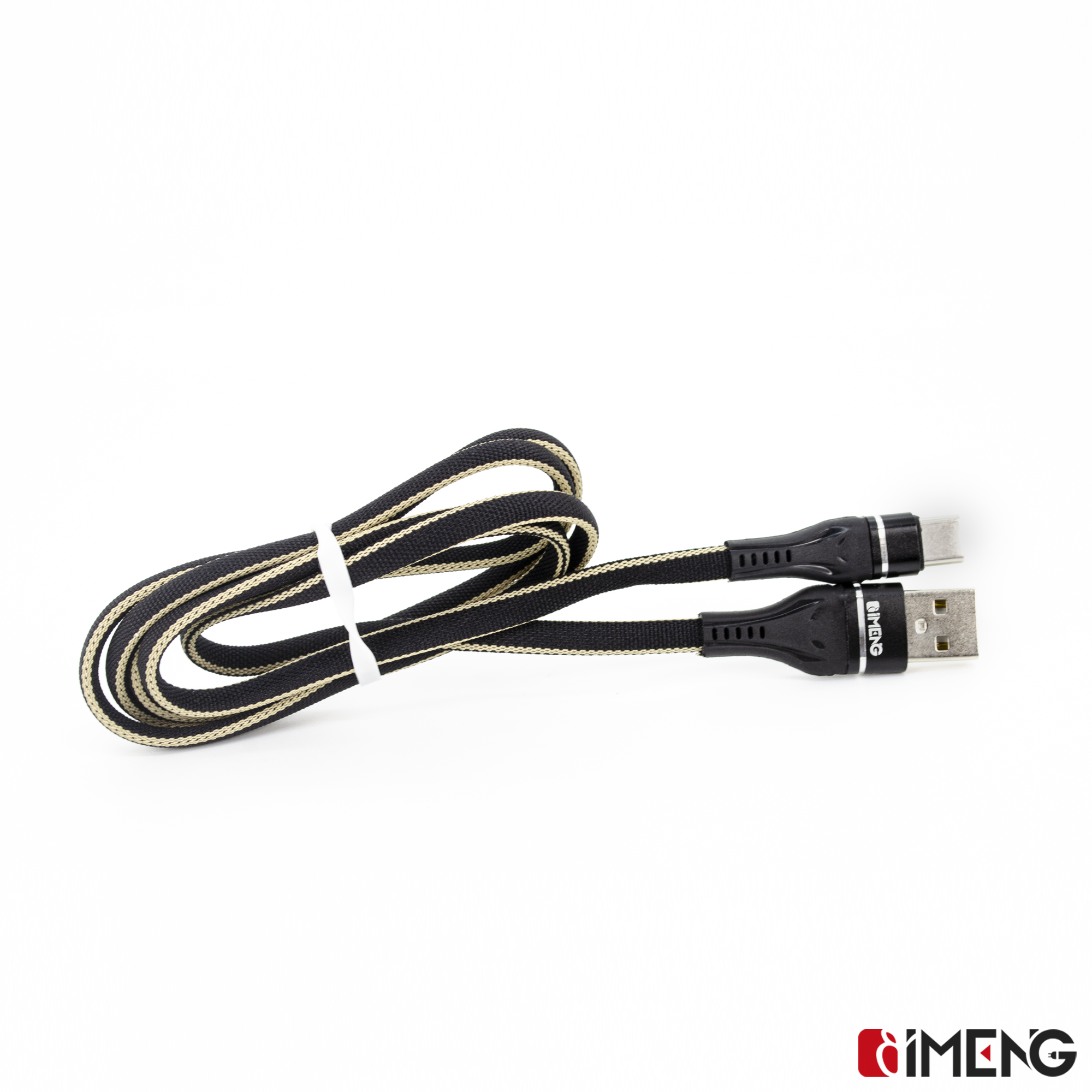 USB-C ve USB-A konektörlü siyah ve altın örgülü USB kablosu.
