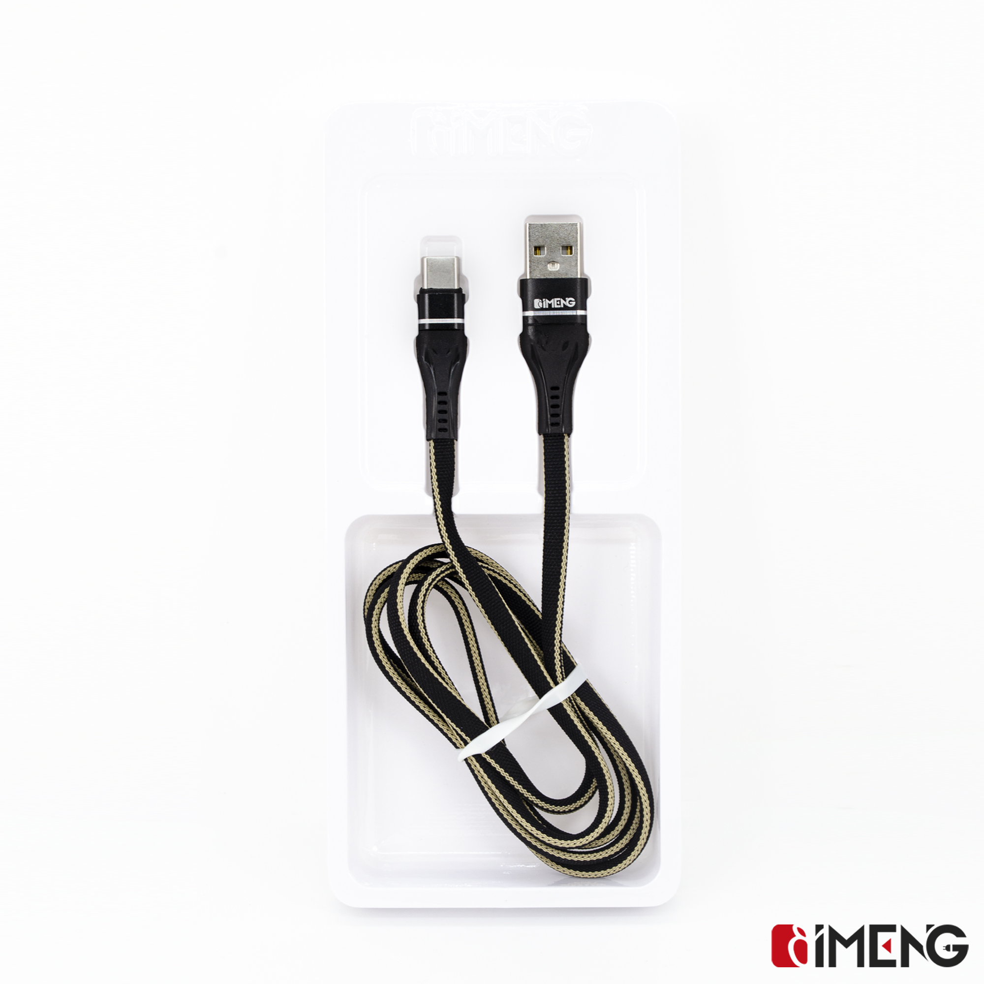 C konektörlü siyah ve altın rengi USB kablosu beyaz ambalajda duruyor.