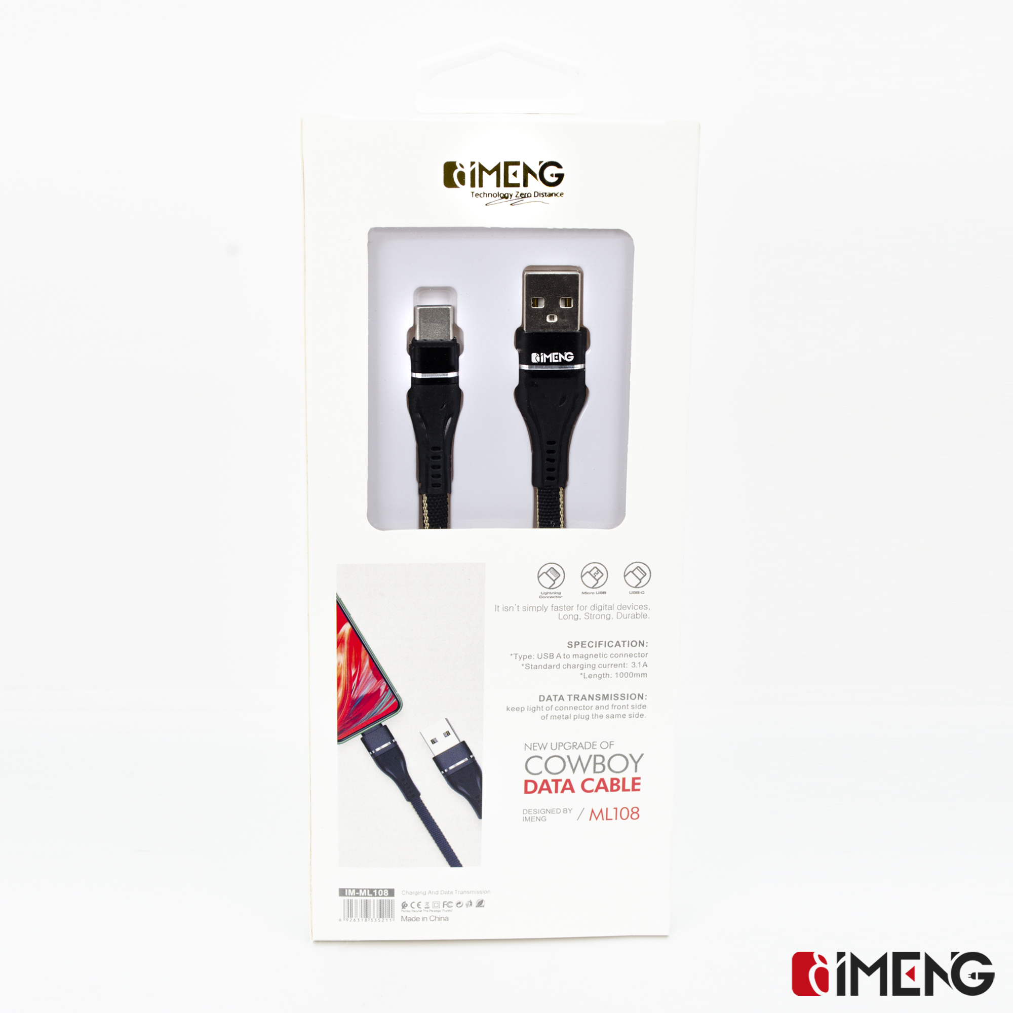 GIMENG logolu siyah USB-A'dan manyetik şarj kablosuna sahip ambalaj.