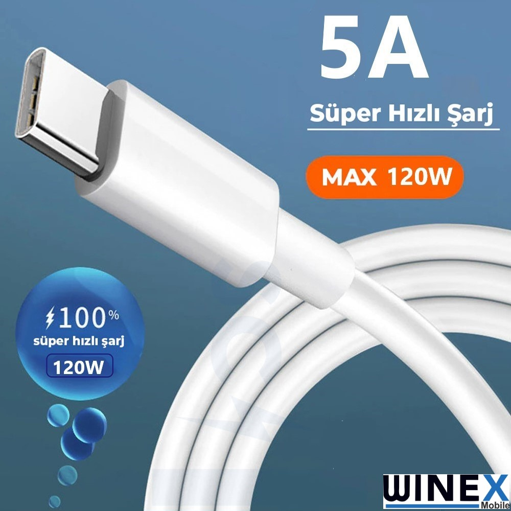 5A 120W hızlı şarj özellikli beyaz USB-C kablosu.