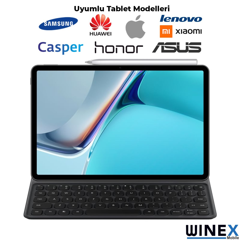 Samsung, Apple, Huawei, Lenovo, Xiaomi logolu tablet ve klavyesi.
