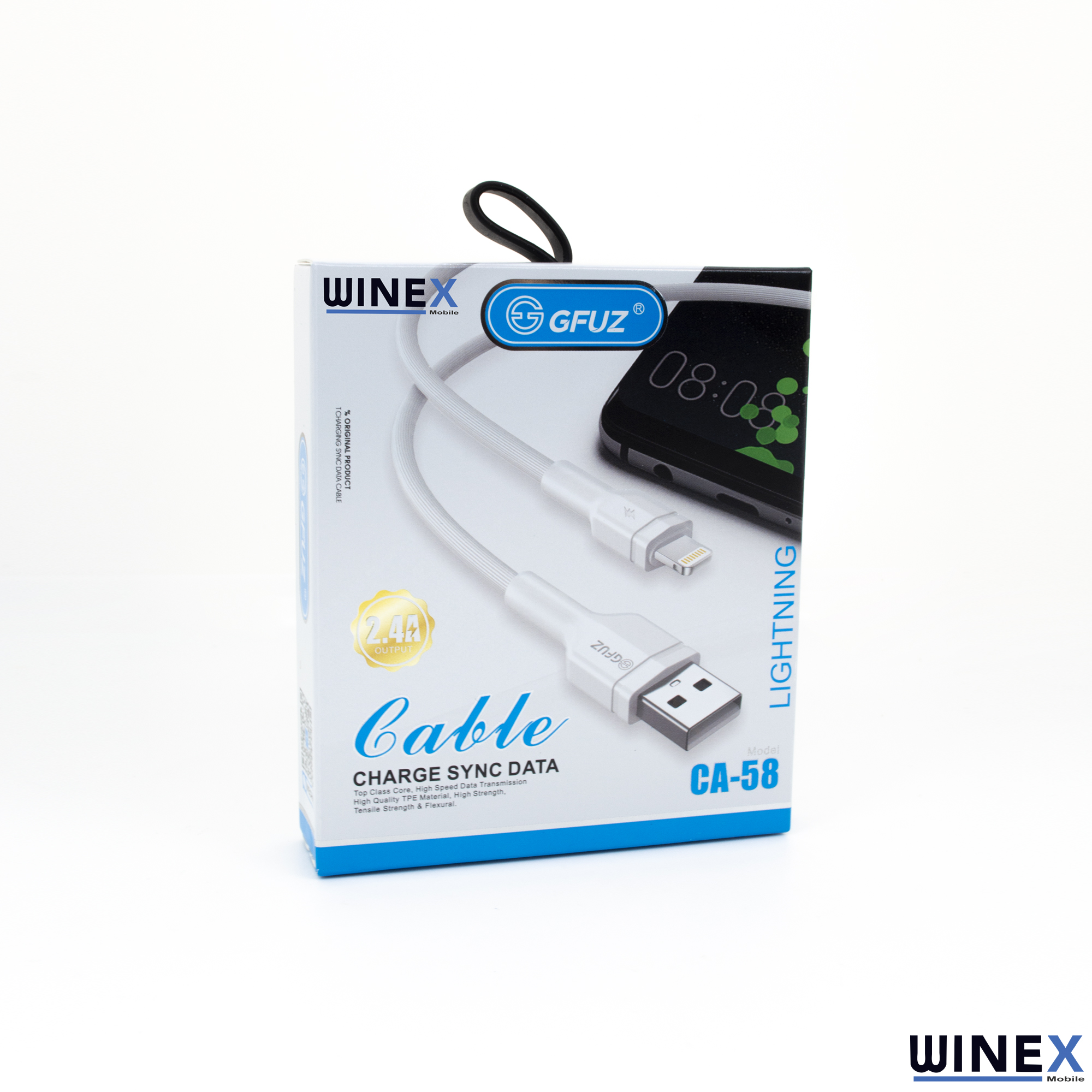 USB ve Lightning konnektörlü beyaz WINEX Lightning kablo ambalajı.