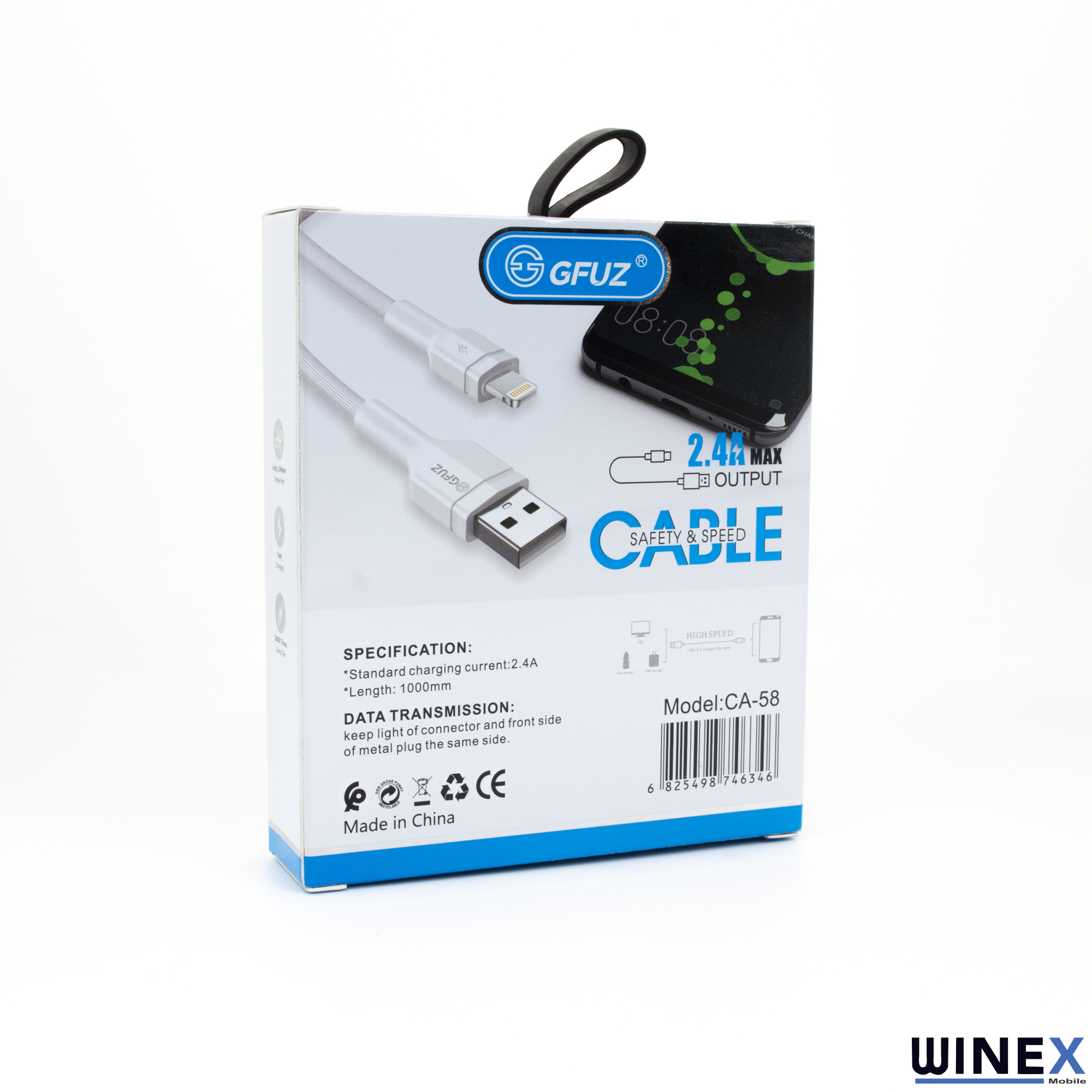 USB ve Lightning konnektörlü beyaz şarj kablosu ambalajı.